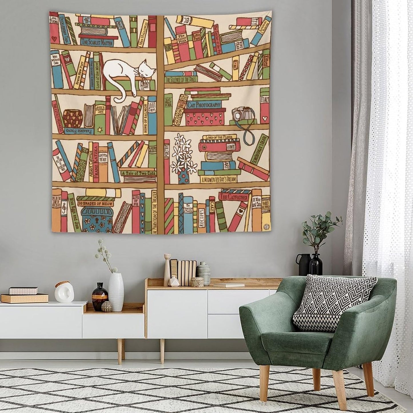 Kurtect Bookshelf Tapestry,Cute Cartoon Cat Sleeping Library Theme Pattern Print Tapestries for Party Beach Picnic Blankets Tablecloths Living Room Wall Deocr, 60x60 in