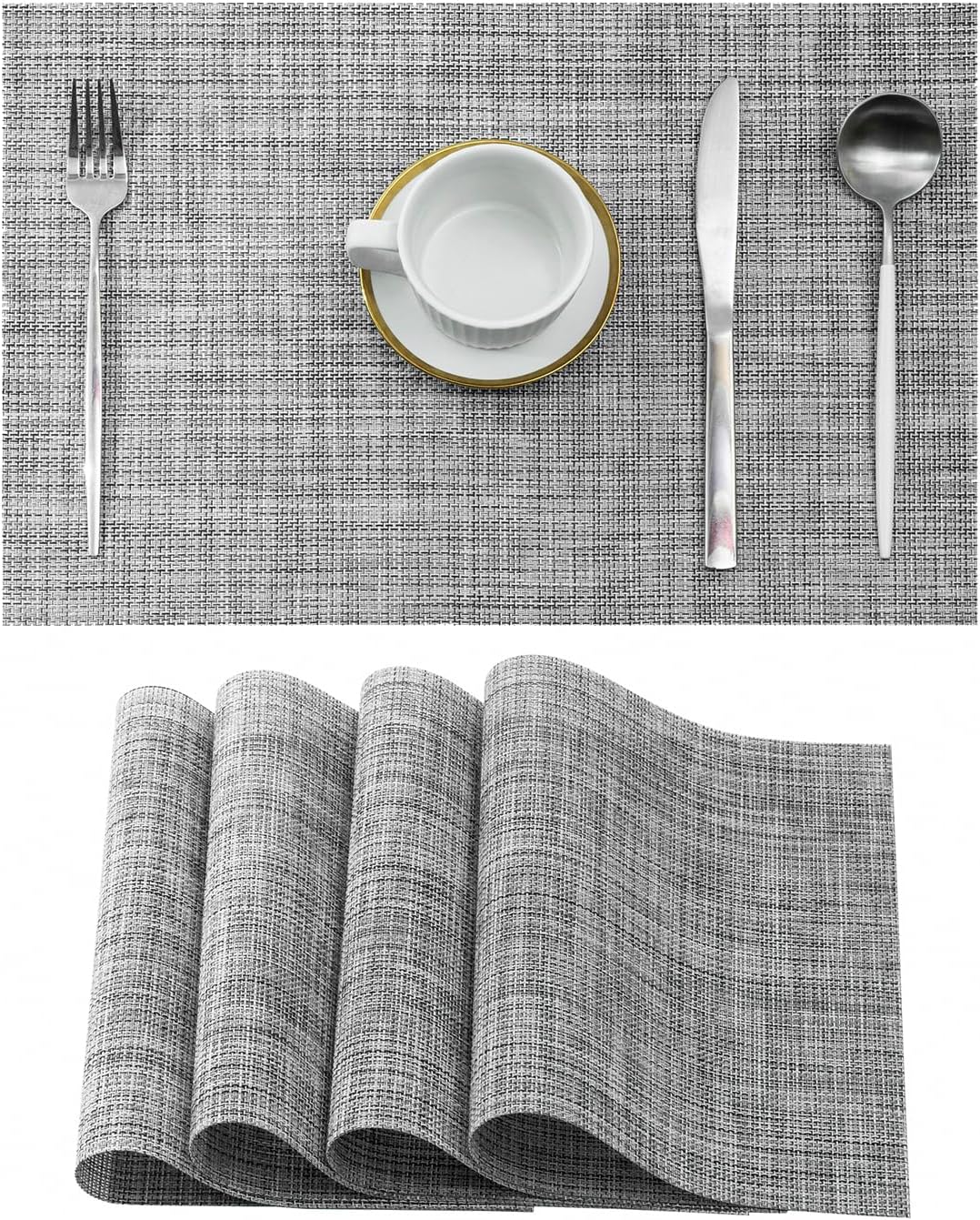Leetaltree Linen Grey Placemats Set of 4 - Heat Resistant Non-Slip Place mats for Dining Table, Washable Durable PVC Vinyl Woven Table Mats（Linen Grey, 4）