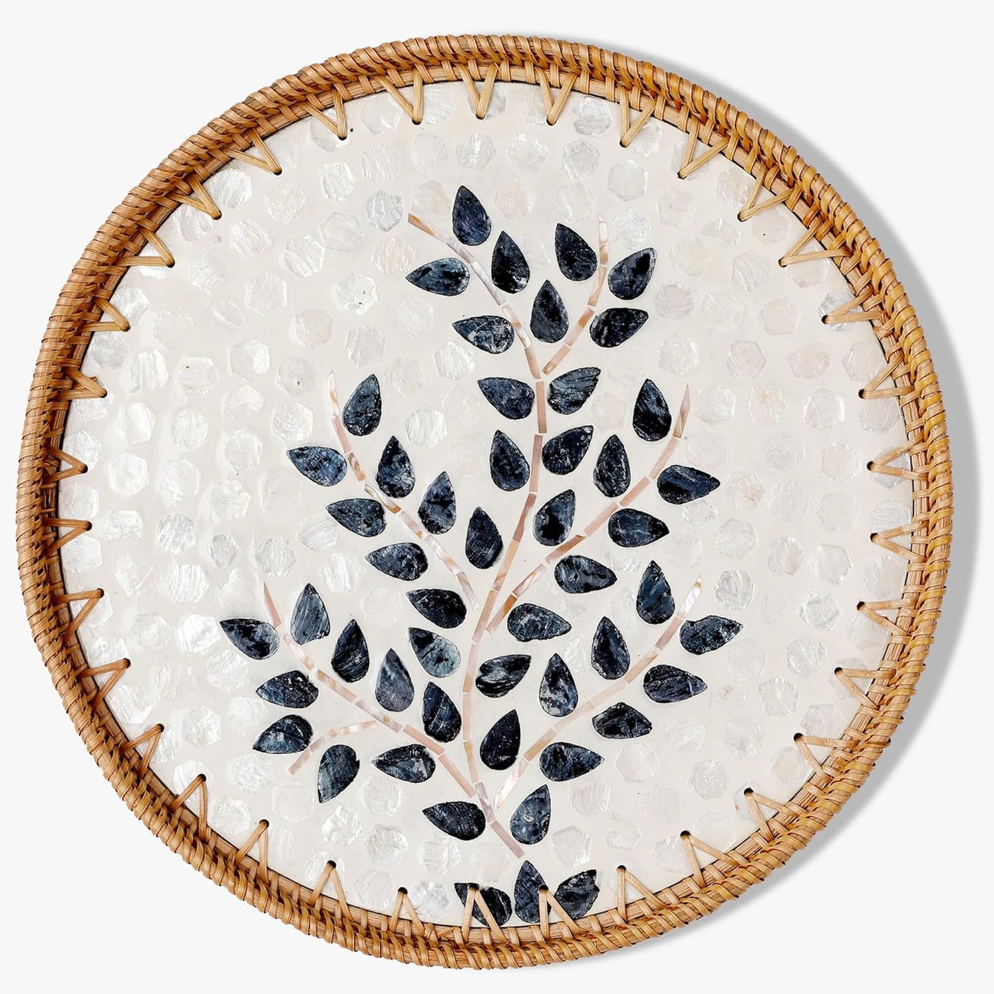 Round Rattan Tray with Mother of Pearl Inlay & Wooden Base - Decorative Wicker Serving Tray for Coffee/Bread/Fruits, Food Storage & Display - Multipurpose Home Decor (L,Little Tree)