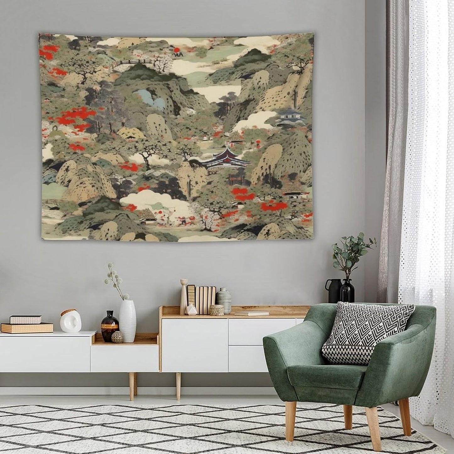 Asian Tapestry,Japanese Red Landscape Asian Watercolor Abstract Art Tapestry, Asian Japanese Wall Tapestry, Nature Landscape Tapestries for Bedroom Living Room Decor 80"x60"