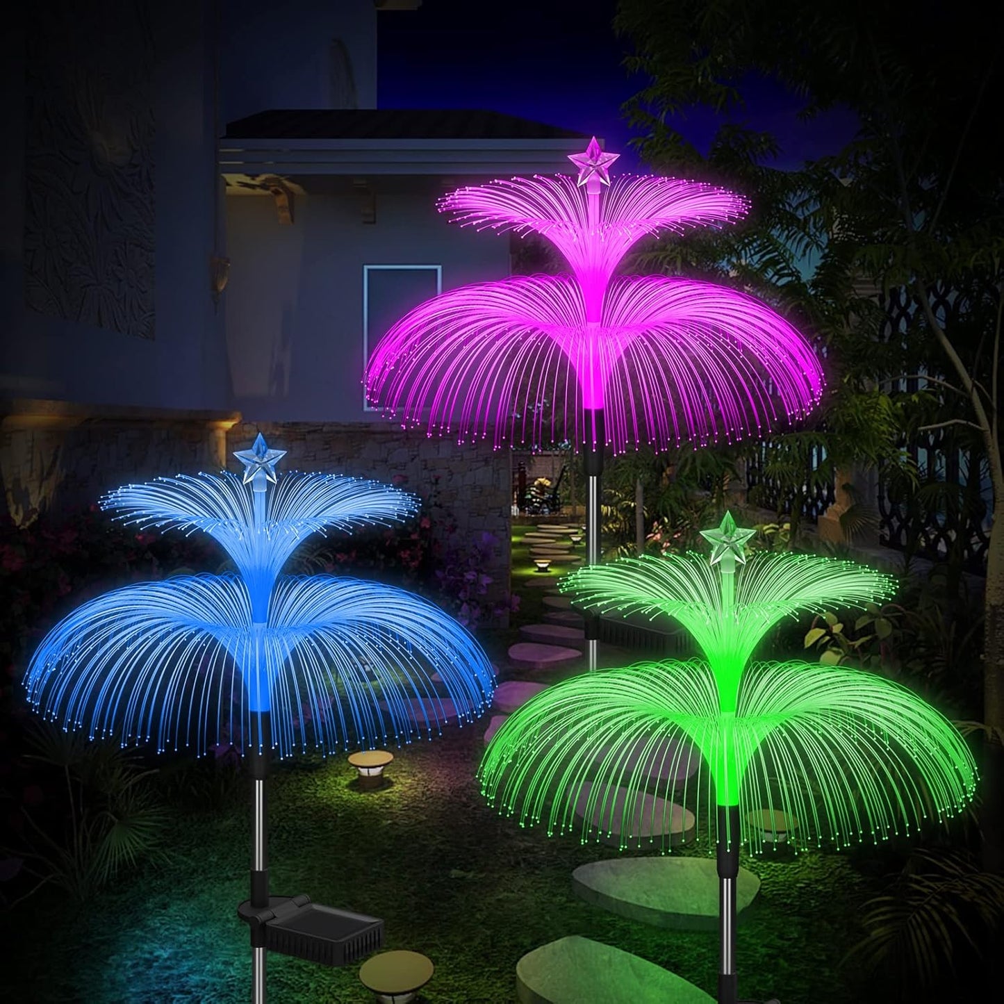 Solar Garden Lights 3 Pack New Upgraded Solar Lights Outdoor Waterproof 7 Color Changing Double Jellyfish and Star Flower Garden Decor Yard Lawn Christmas Outdoor,Gifts for Mother's Day Women