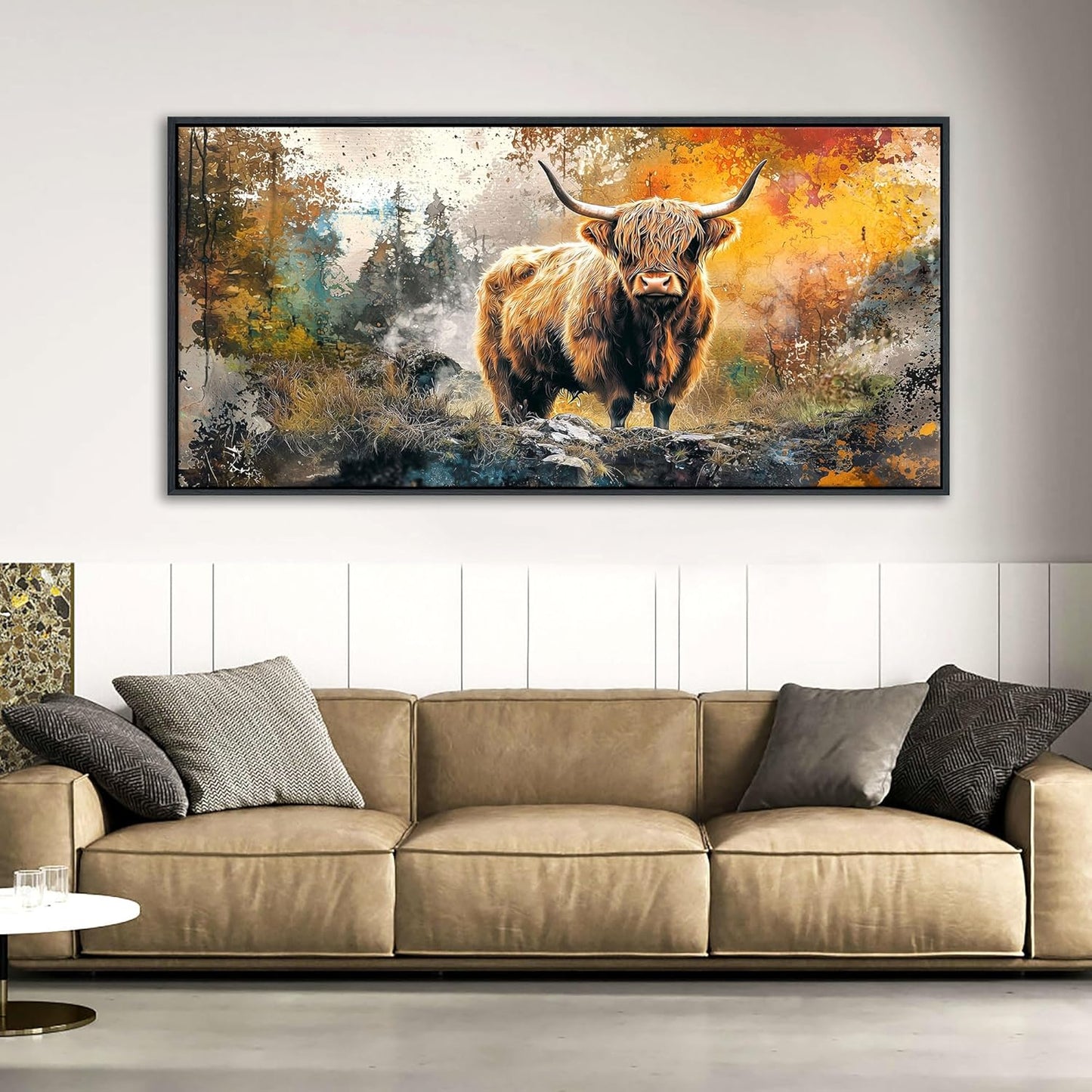 QZQCBLC Large Bedroom Canvas Wall Art, Retro Highland Cow Wall Pictures Modern Abstract Graffiti Forest Landscape Framed Paintings Artwork for Living room Kitchen Home Office Decor 24x48 IN