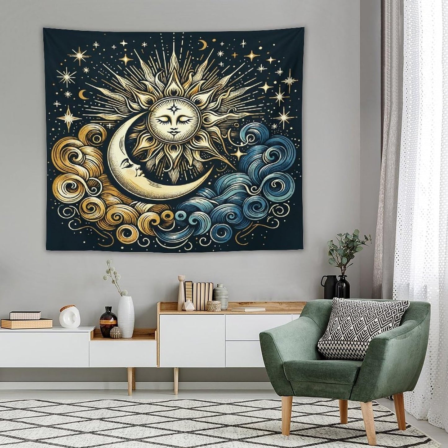 HZOHNAGO Sun Moon Tapestry Boho Golden Stars Pattern Printed Wall Tapestry Wall Hanging for Bedroom Living Room Dorm 60" W x 50" H