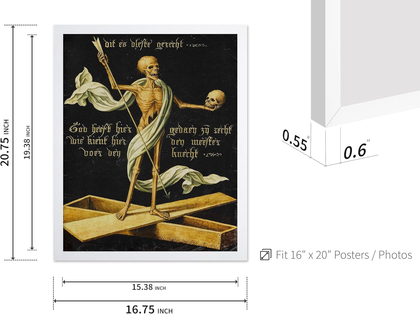 Poster Master Vintage Medieval Poster - Retro Gothic Print - Gift for Artist, Friend - Allegory of Life and Death, Skeleton, Dark, Skull - Wall Decor for Home, Living Room, 16x20 White Framed