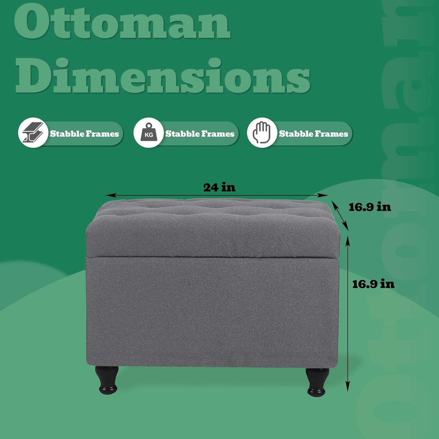 Ottoman with Storage 24'' Storage Ottomans Fabric Ottoman Footstools Small Upholstered Foot Rest Stool for Couch, Living Room, Bedroom, Entrance Shoe Bench Grey