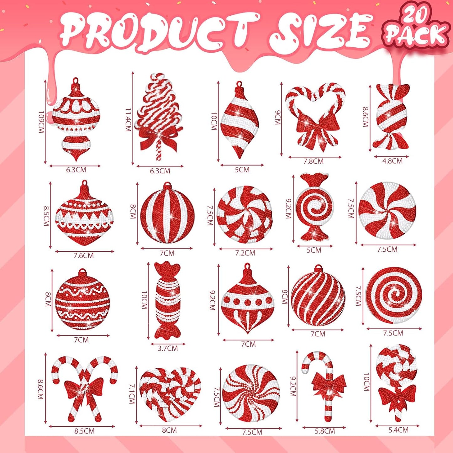 Tondiamo 20 Pcs Christmas Diamond Painting Keychain Kits 5D DIY Diamond Art Pendants Double Sided Hanging Key Chains for Christmas Party Decoration DIY(Cane Style)