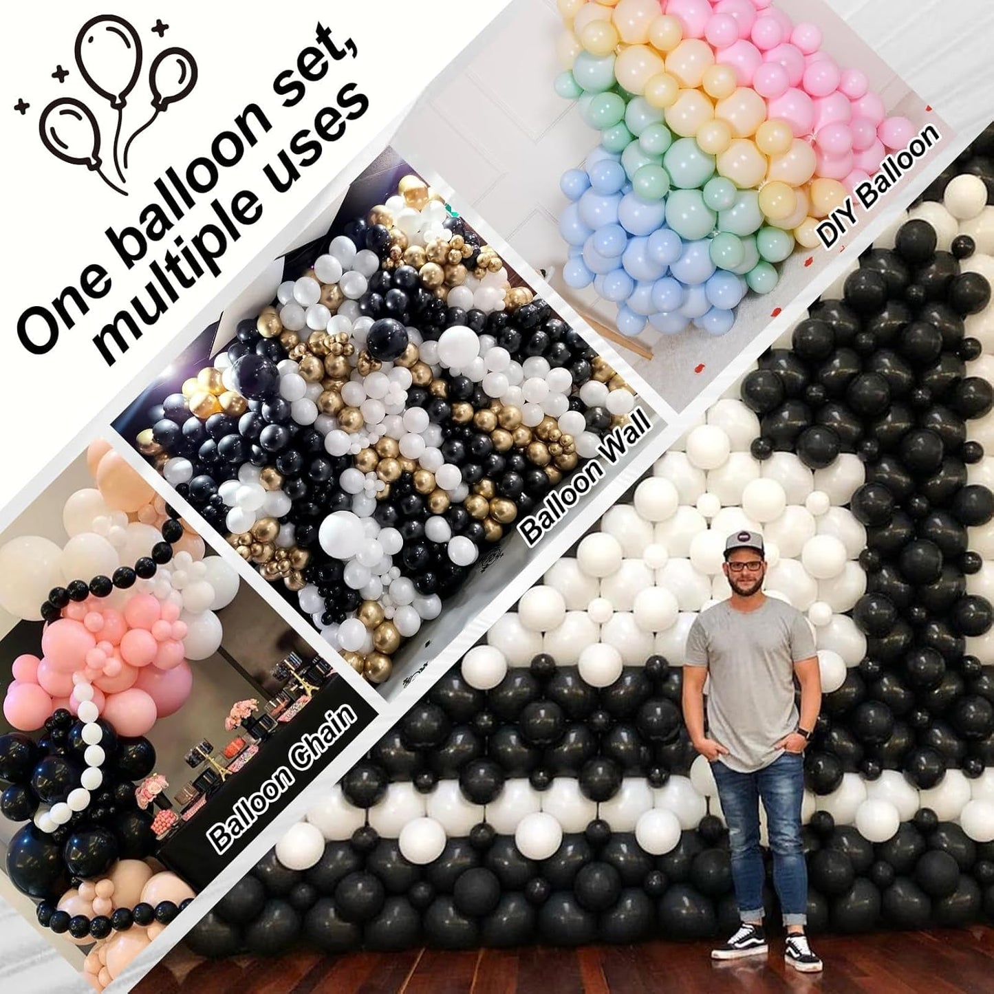 Black Linking Balloons, 120PCS Linked Balloon with Tail for Balloon Wall Arch and Chains, Quick Linkable Balloons for Wedding Birthday Baby Shower Engagement Graduation Party Decorations (6+10inch)