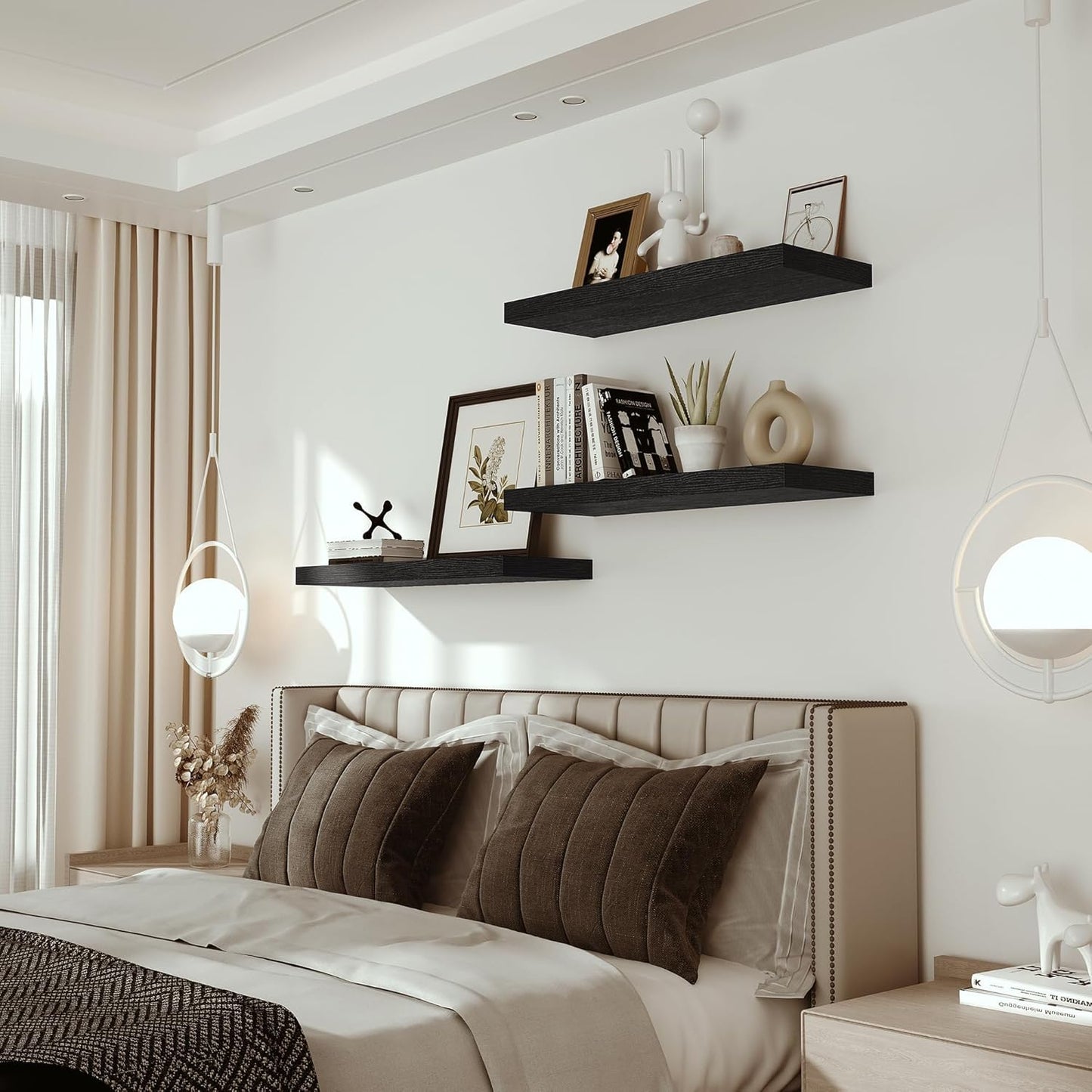 Black Floating Shelves for Wall Mounted, 24 inchs x 9.1” Deep x 1.5” Thick Wall Shelves for Bedroom, Living Room, Bathroom，Kitchen, Office, Home Decor Shelf with Invisible Bracket - Set of 2