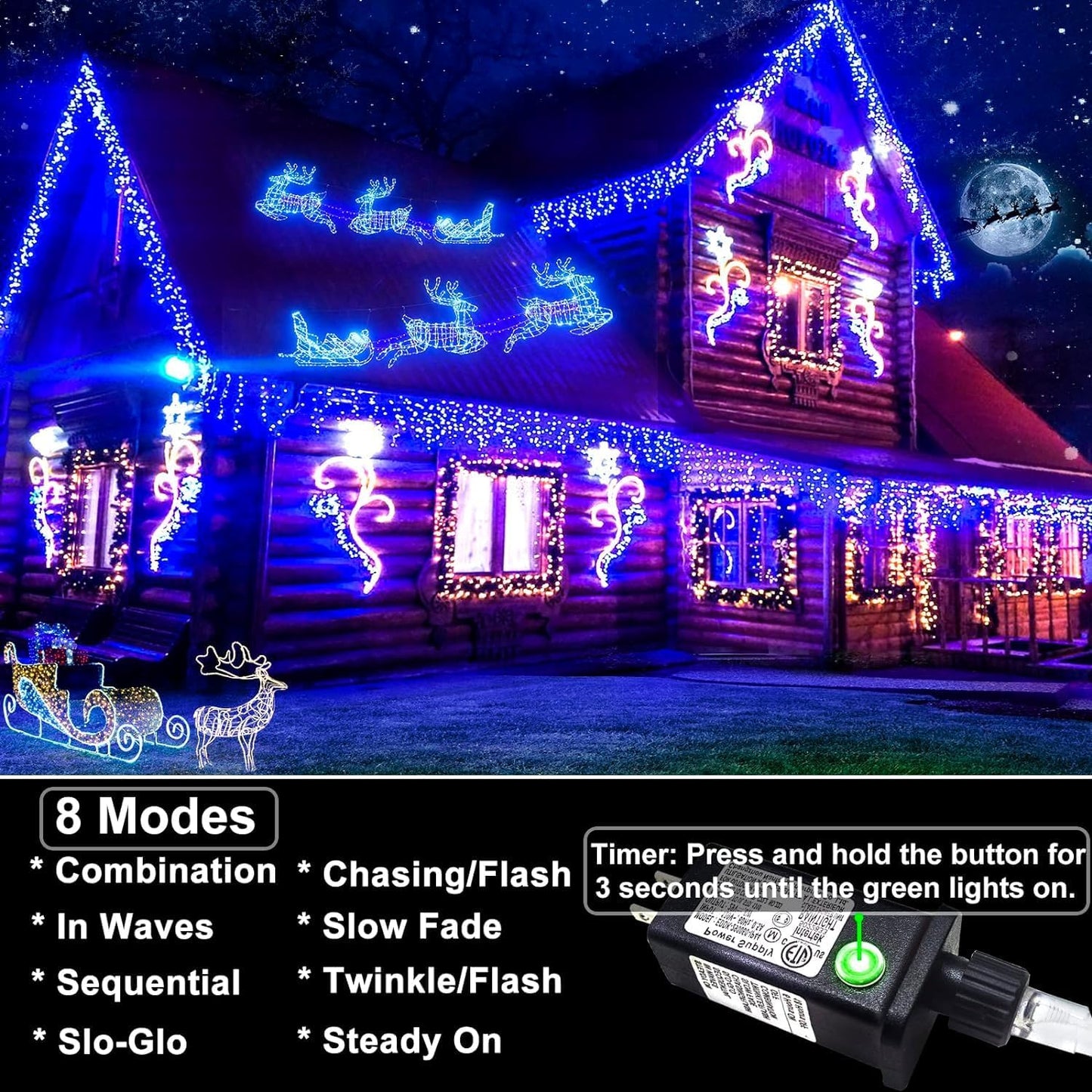 Icicle lights Outdoor - 33ft Christmas Lights with 400LED 75 Drops 8 Modes, Plug in Curtain String Lights Waterproof for Holiday Wedding Party Home Garden Bedroom Indoor Outdoor Decoration, Blue