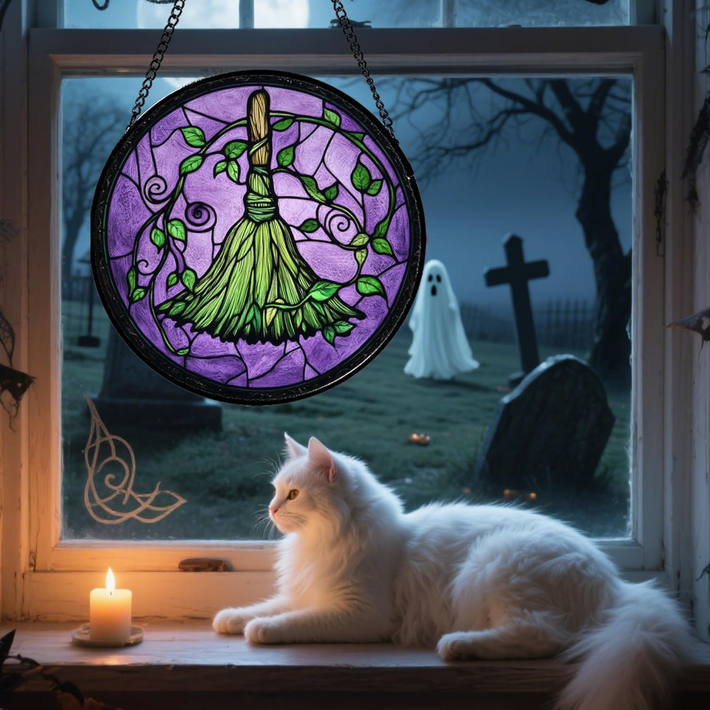 Stained Glass Window Hanging - Halloween Decorations Witch Magic Broom Suncatcher for Doors Garden Indoor Funny Spooky Sun Catchers Gothic Decor Horror Gifts for Women Men Friend 9.8 in