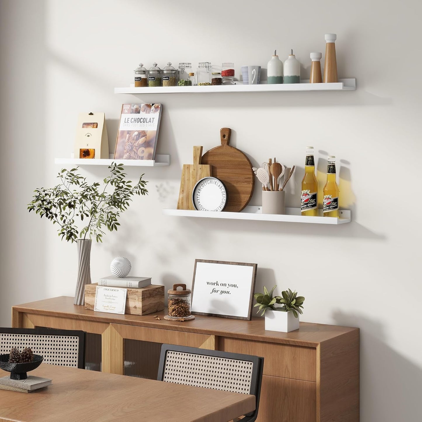 Picture Ledge Shelf for Wall, 16 inches Solid Pine Wood Nursery Book Shelves 3 Packs, Floating Ledge Shelves for Kids' Room Bedroom Bathroom Living Room Photo Frames Office Nursey Wall Decor, White