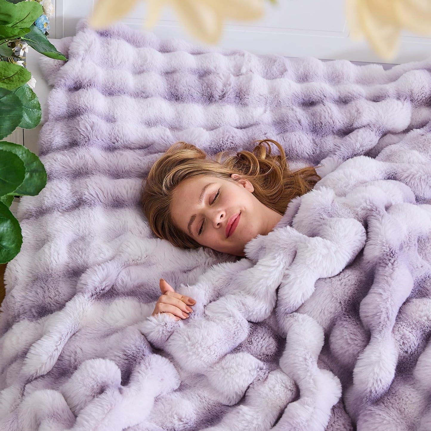 Lotus Karen Faux Fur Throw Blanket Tie-Dye Purple - Big Bubble Rabbit Fluff Blanket for Couch,Small Fluffy Fuzzy Cozy Blanket,Thick Furry Plush Shaggy Blankets,60x80 Inches