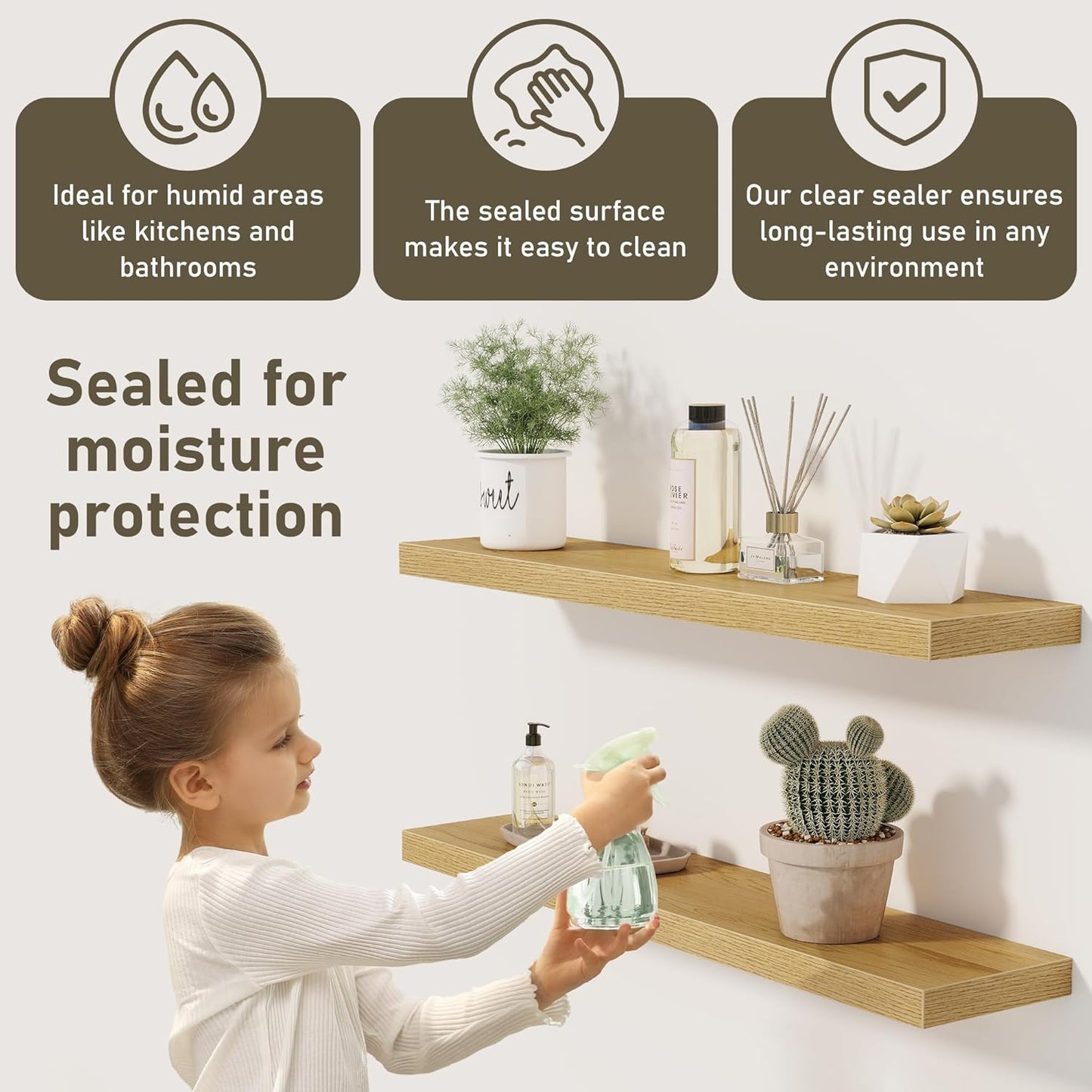 Fun Memories 55 Inch Floating Shelves for Wall 2 Pack Shelves for Bedroom|Kitchen|Bathroom 55 x 9.3 Inch Wood Floating Shelf with Invisible Brackets for Books|Storage|Decor, Oak