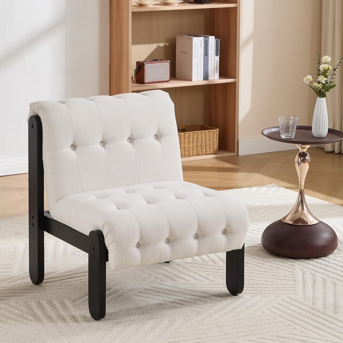 Modern Armless Accent Chair for Living Room, Beige Chenille Button Tufted Upholstered Lounge Reading Chair with Black Wood Frame