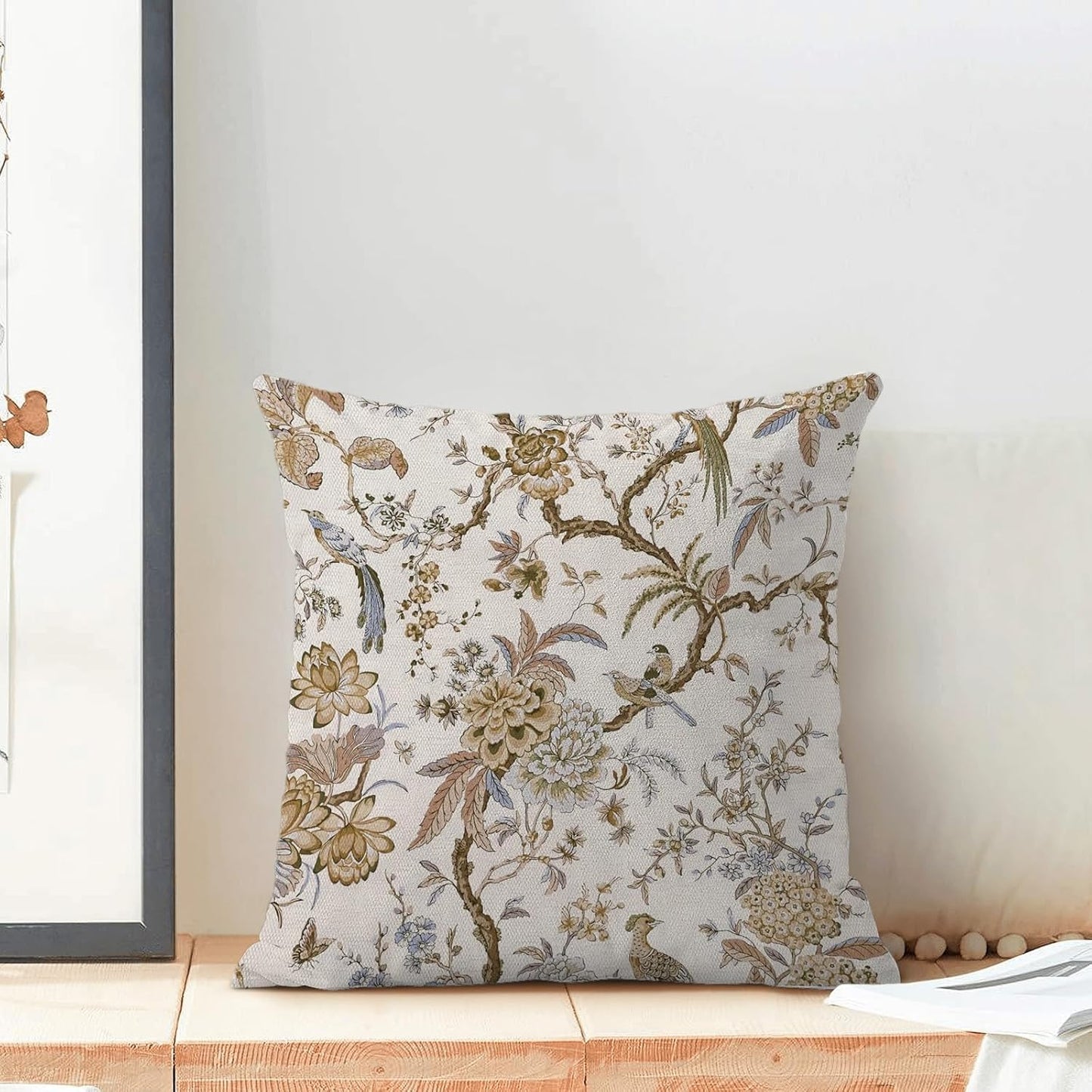 CXMEIFLY Spring Floral Birds Pillow Covers 18 x 18 Inch Set of 2 for Chinoiserie Flowers Decor Throw Pillows Brown and White Plant Outdoor Decorative Cushion Cases for Couch Bed Decorations