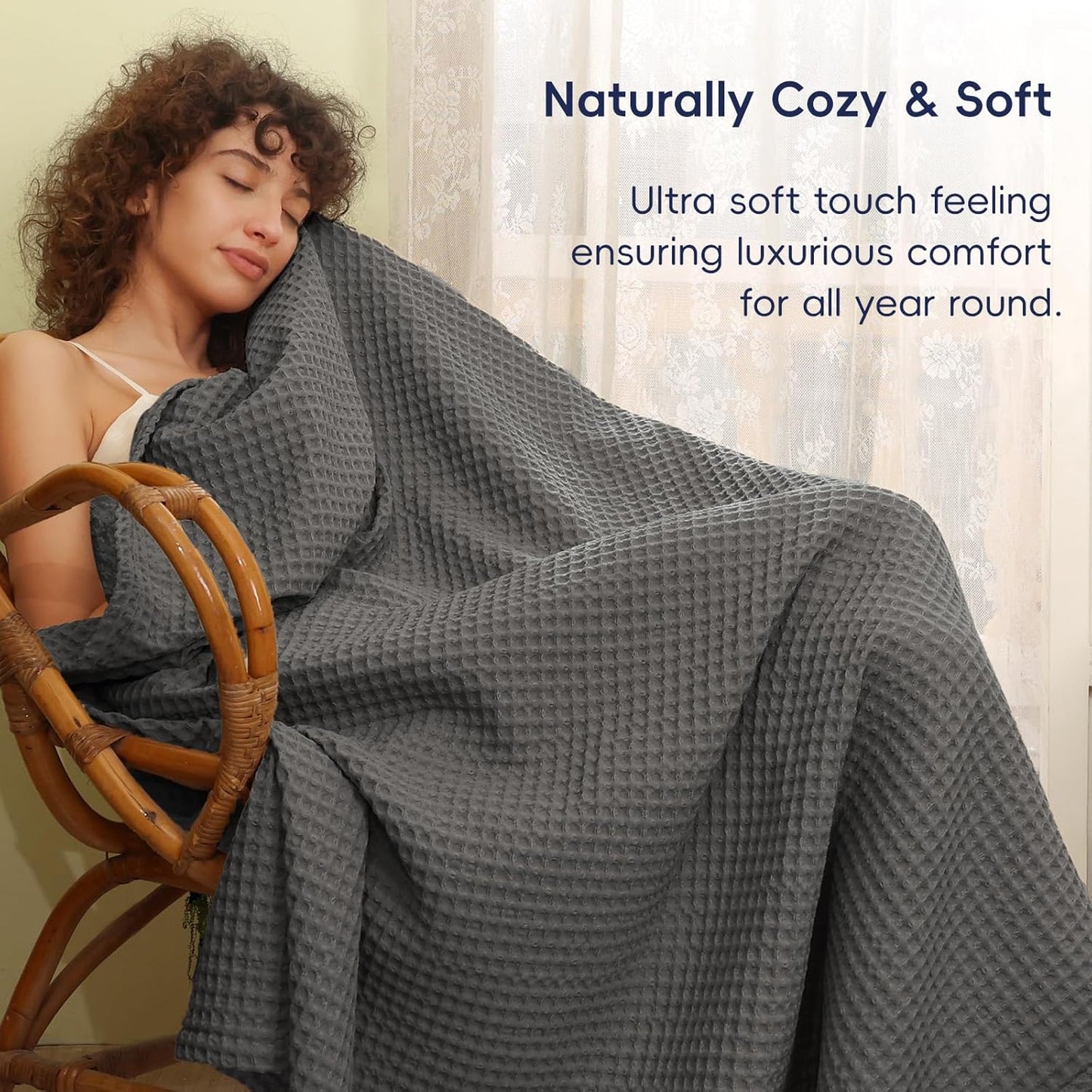 PHF Ultra Soft Waffle Weave Blanket Queen Size 90"x 90"- Washed Lightweight Breathable Cozy Woven Blanket for Bed - Aesthetic Decor for Couch Bedding Sofa Home Car - Grey