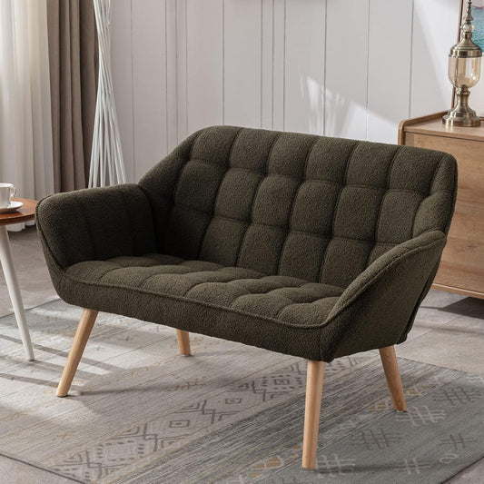 48" Small Loveseat Sofa, Modern Sherpa Mini Sofa Couch 2-Seater Fluffy Love Seat with Quilting Backs and Wood Legs for Living Room, Bedroom and Small Space, Green
