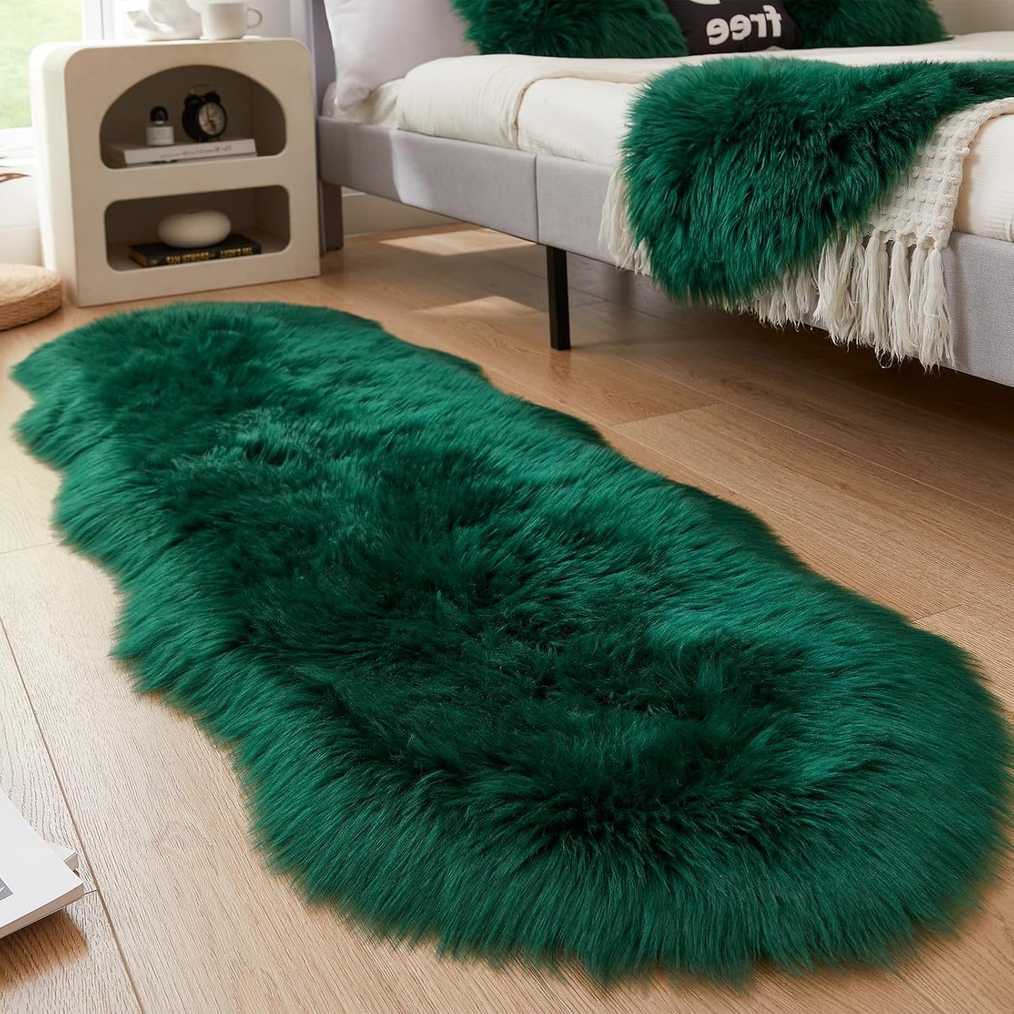 AMTOVO Faux Sheepskin Rug, Dark Green Ultra Soft Fluffy Shag Area Rug, 2 x 6 ft Faux Fur Rug for Bedroom Sofa Throw Cushion Room Decor, Sheepskin