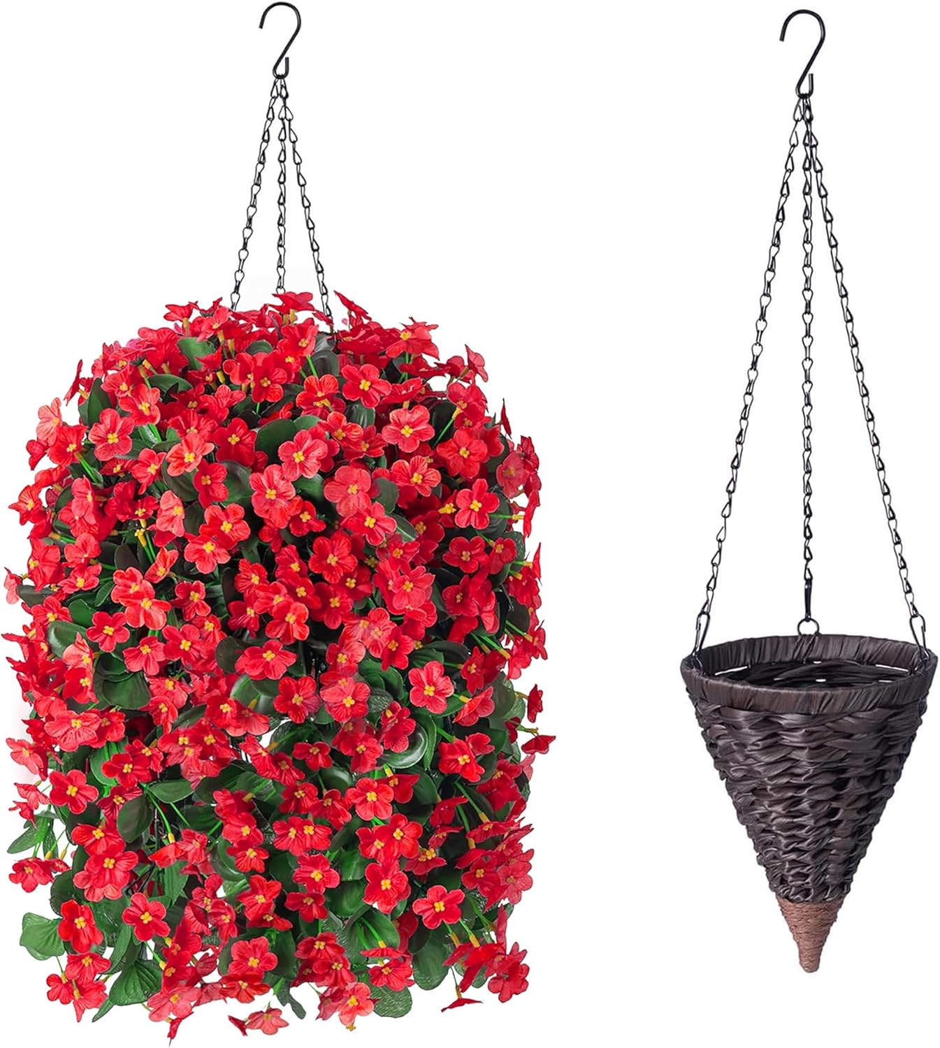 Artificial Fake Red Hanging Flowers Plants Basket for Outdoor Outside Winter Christmas Decor, Faux Silk Look Real UV Resistant Orchid for Fall Porch Garden Yard Patio Home