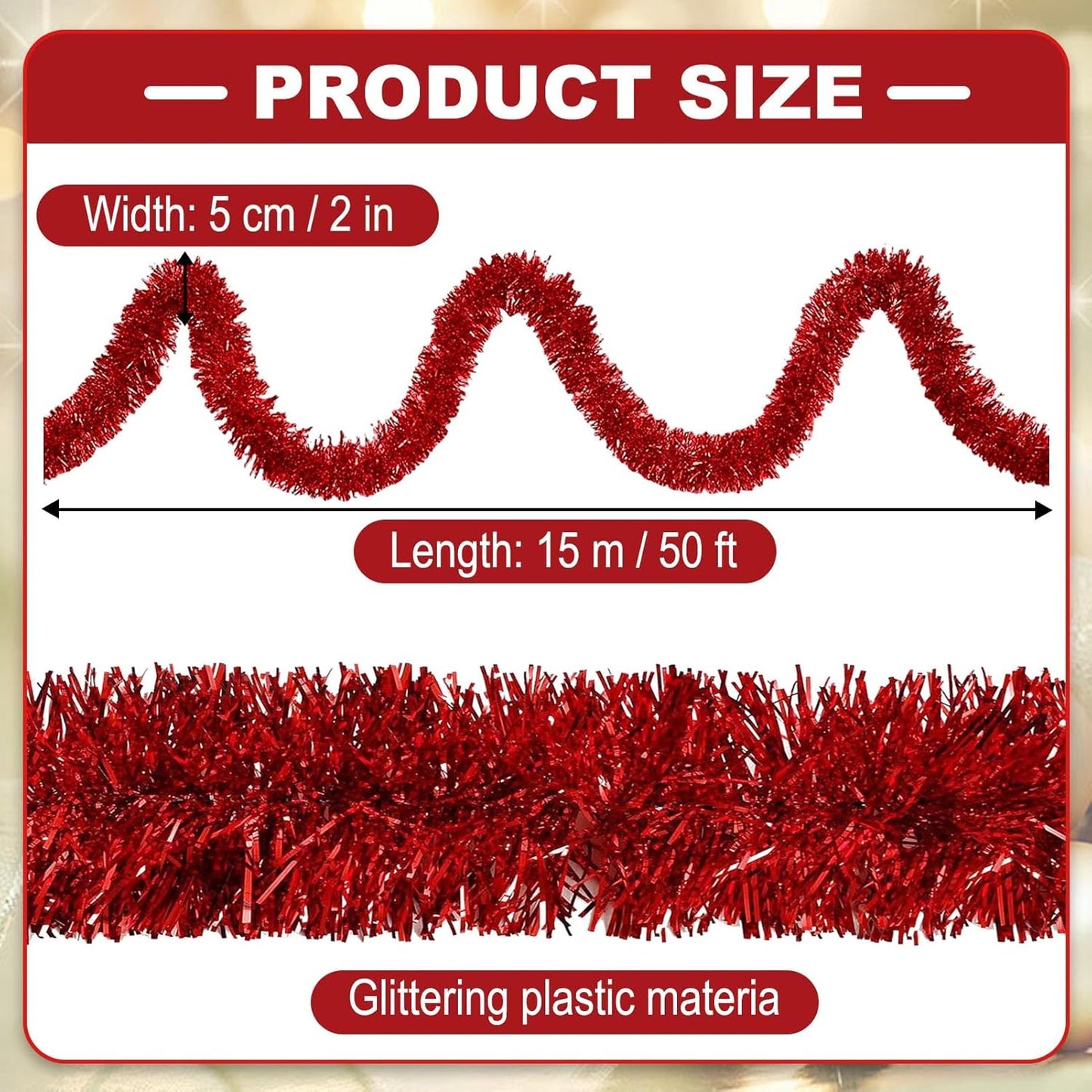50 Feet Christmas Tinsel Garland, Metallic Twist Wall Hanging Tinsel Backdrop for Parade Floats, Carnival, Birthday, Wedding, New Year Party Decorations (Red, 2in x 50ft)