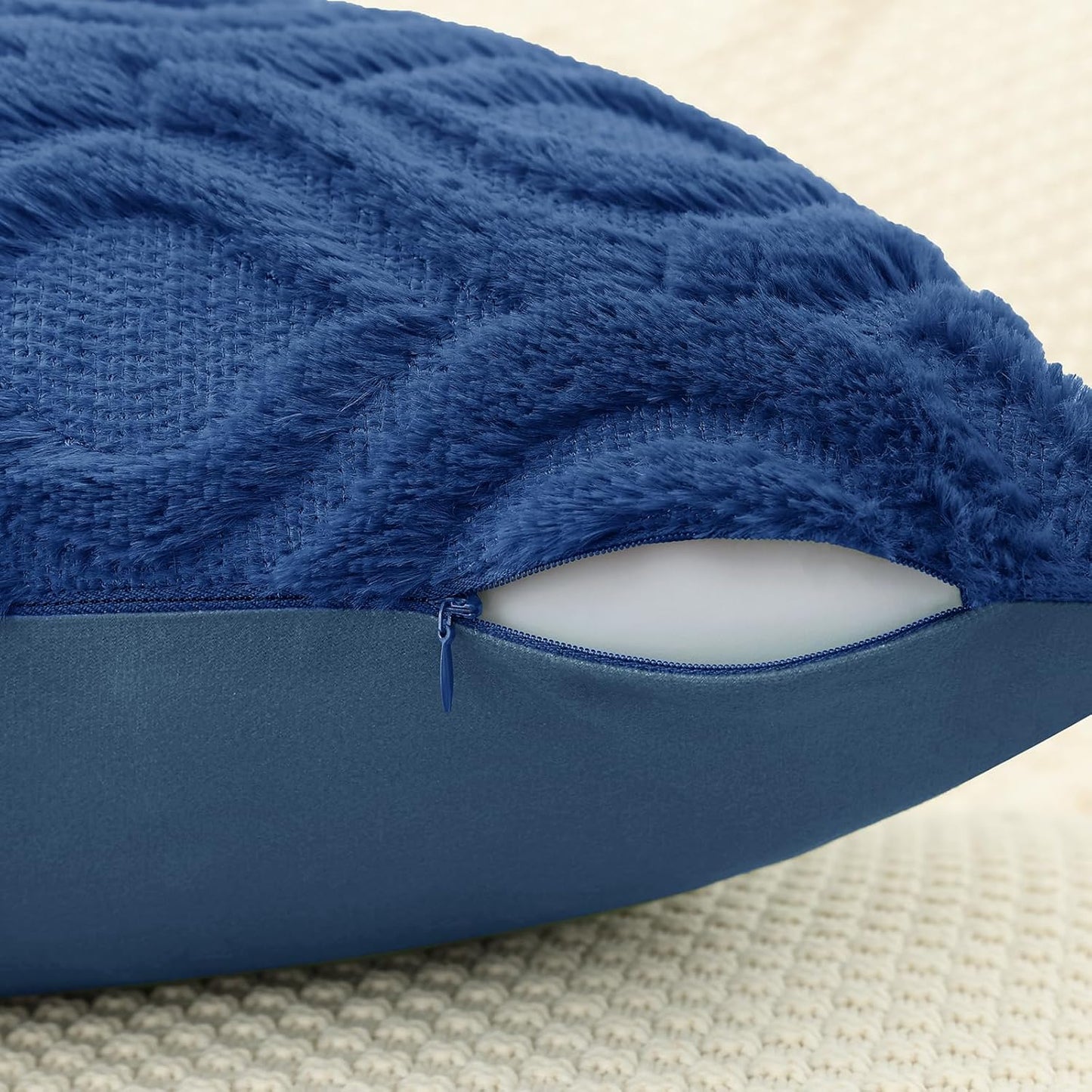 decorUhome Fall Throw Pillow Covers 16x16 Inch Set of 2, Soft Plush Decorative Faux Fur Dark Blue Solid Couch Pillow Covers, Accent Farmhouse Neutral Square Euro Pillow Cases for Sofa Bed Living Room