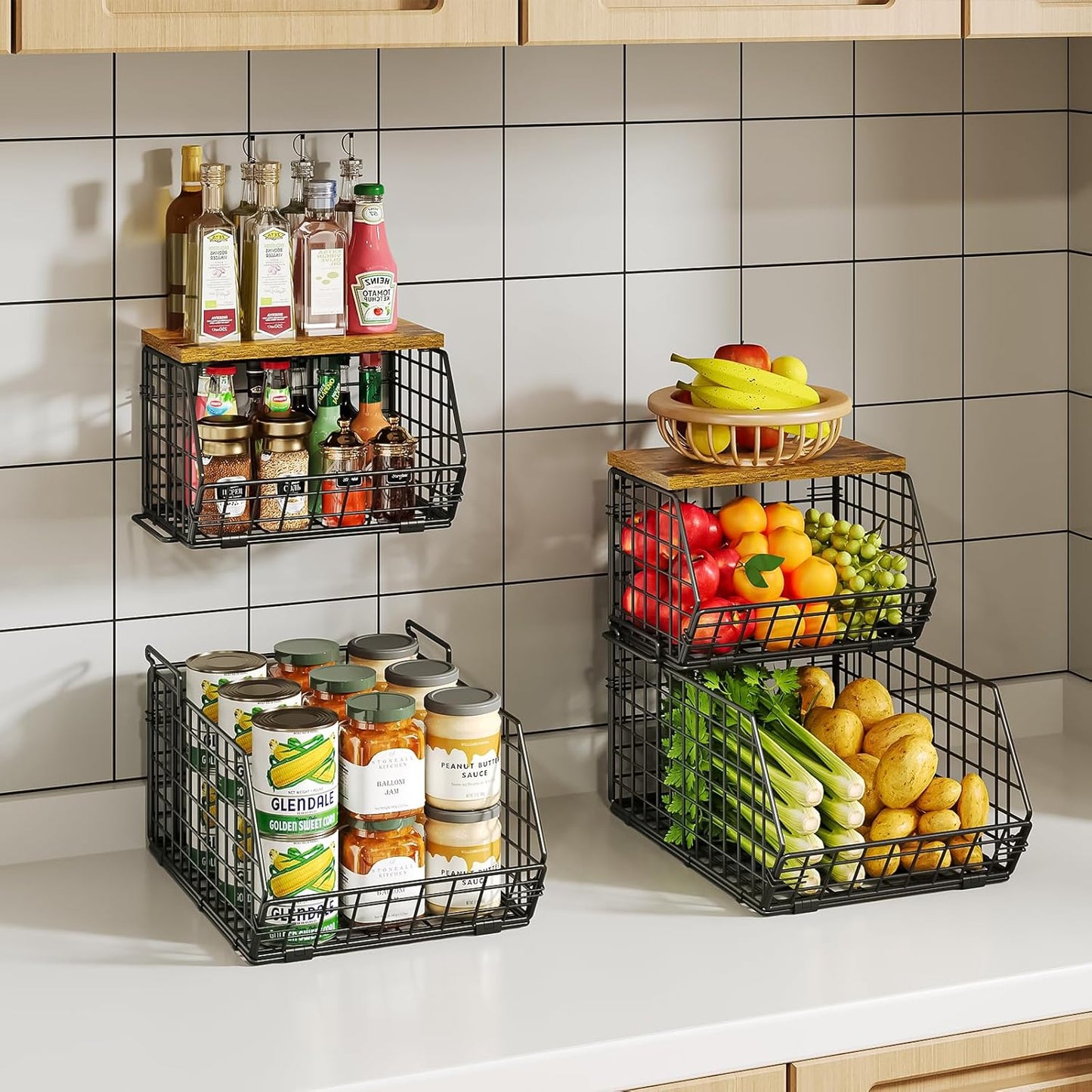 X-cosrack 2-Tier Stackable Wire Baskets for with Wood Lid, Wall Hanging Baskets for Potato and Onion Storage, Fruit Basket for Kitchen Counter, Metal Baskets for Snack Produce Cans