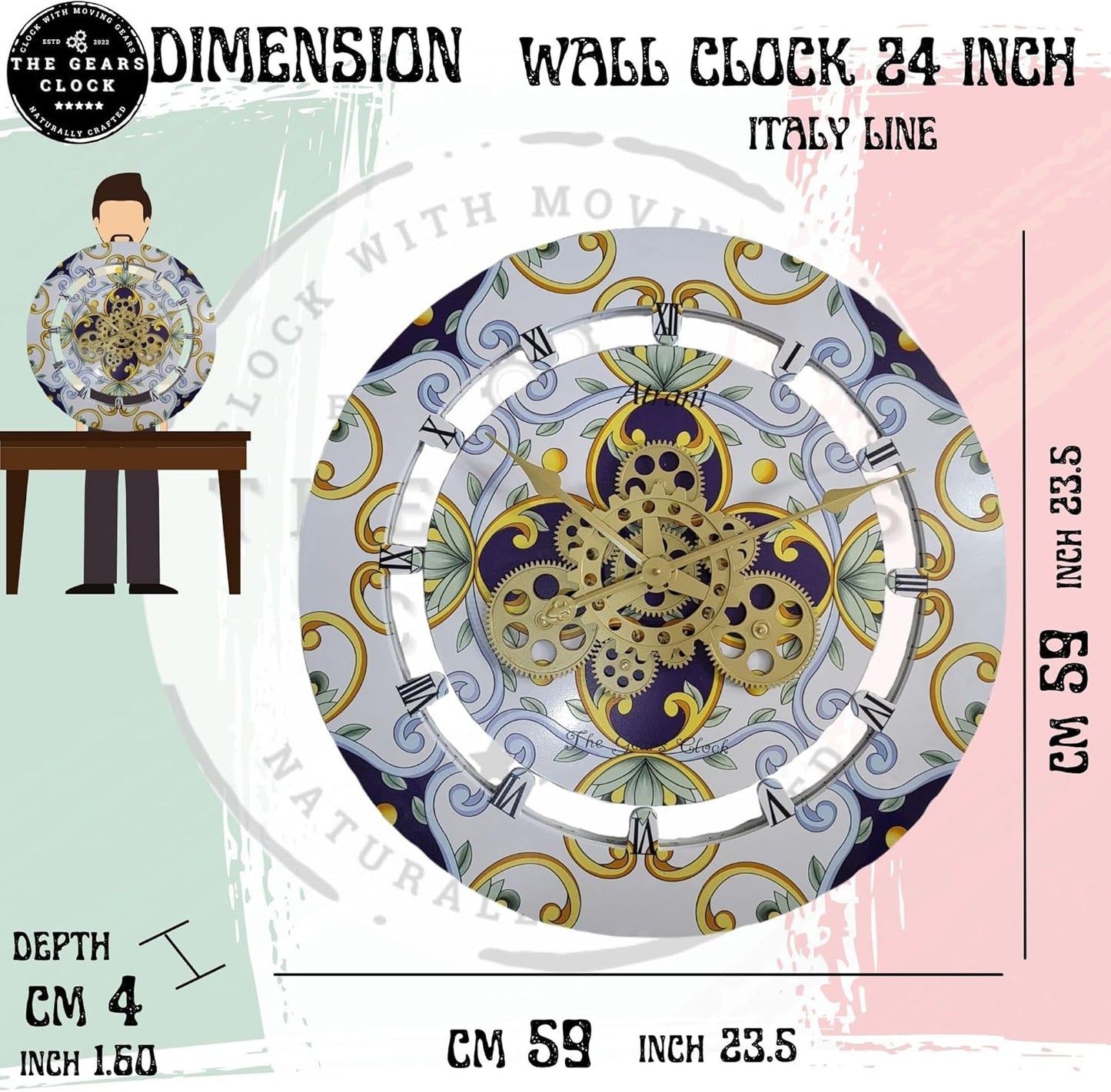 The Gears Clock Wall Clock Italy Collection with Moving Gears (Sorrento, 24 inch Round)