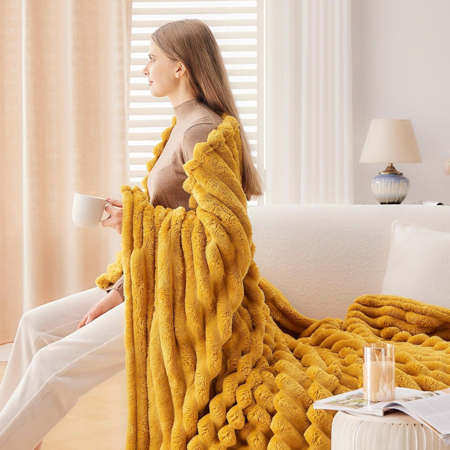 NEWCOSPLAY Super Soft Throw Blanket Mustard Yellow Premium Silky Flannel Fleece 3D Ribbed Jacquard Lightweight Bed Blanket All Season Use (Mustard Yellow Ribbed, Throw(50"x60"))