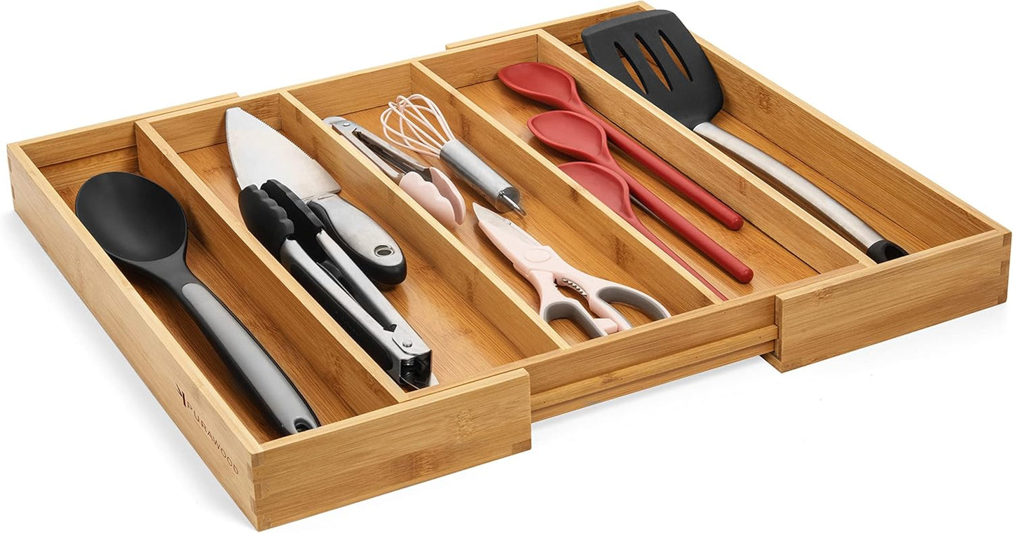 Purawood Kitchen Drawer Organizer, 2 Pack - Expandable Utensil Drawer Organizer for Kitchen, Cutlery Tray & Silverware Organizer, 3-5 Slots - Bamboo Organizer for Utensils & Flatware (Natural)