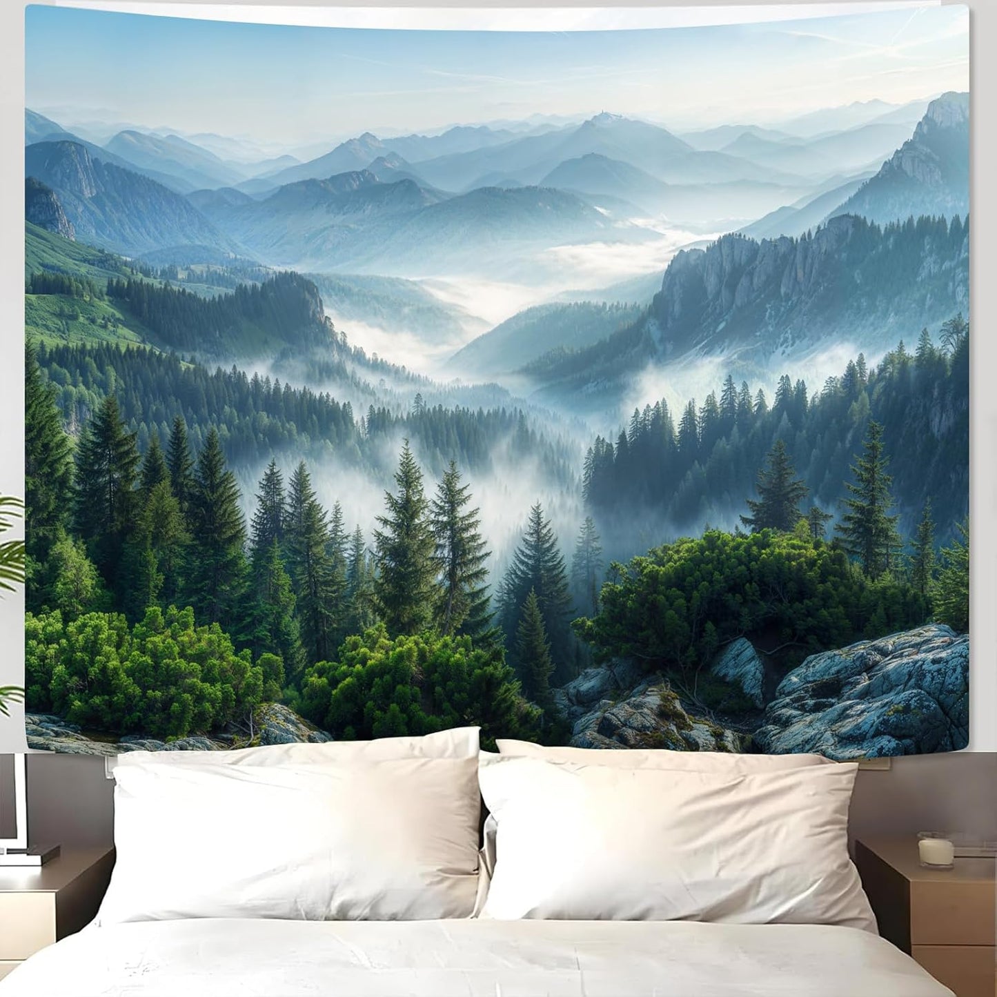 AMM Nature Forest Mountain Tapestry Green Misty Pine Tree Tapestry for Bedroom Aesthetic Foggy Woodlands Sky Landscape Tapestries Wall Hanging for Living Room Dorm 90 x 68 Inch