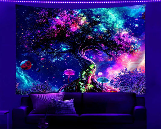 dueeia Blacklight Tree Life Tapestry Wall Hanging Fantasy Black Light Glow in the Dark Uv Mushroom Tapestries for Bedroom Aesthetic Living Room Wall Decor (78.7"x59.1")