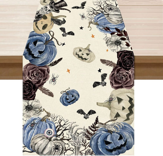 XCHI Spooky Blue Pumpkin Halloween Table Runner Party Table Decoration for Home Kitchen Dining Holiday Decor 13x48 Inch