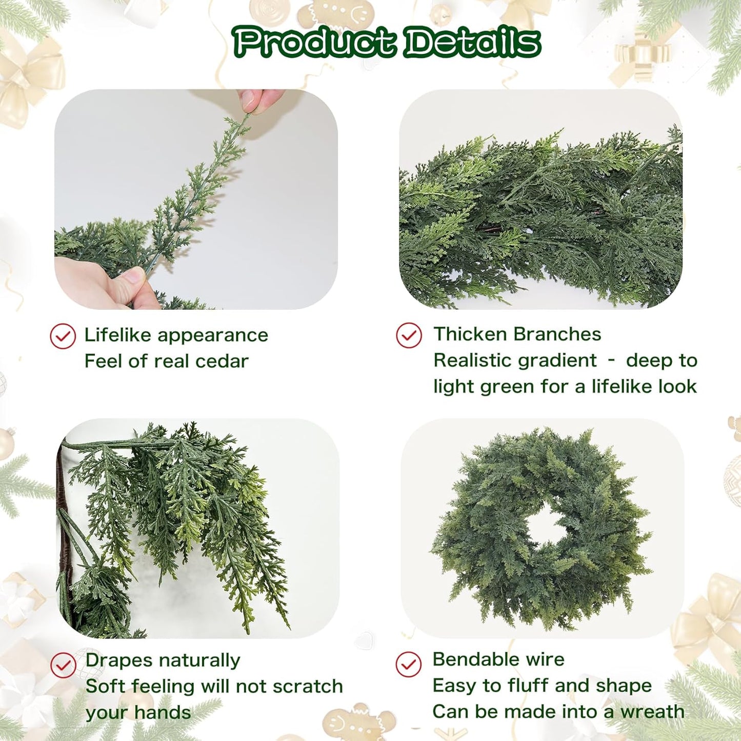 Christmas Cedar Garland Artificial Real Touch Thickness Realistic Greenery Pine Garland for Mantle Fireplace Outdoor Indoor Christmas Decorations 5FT