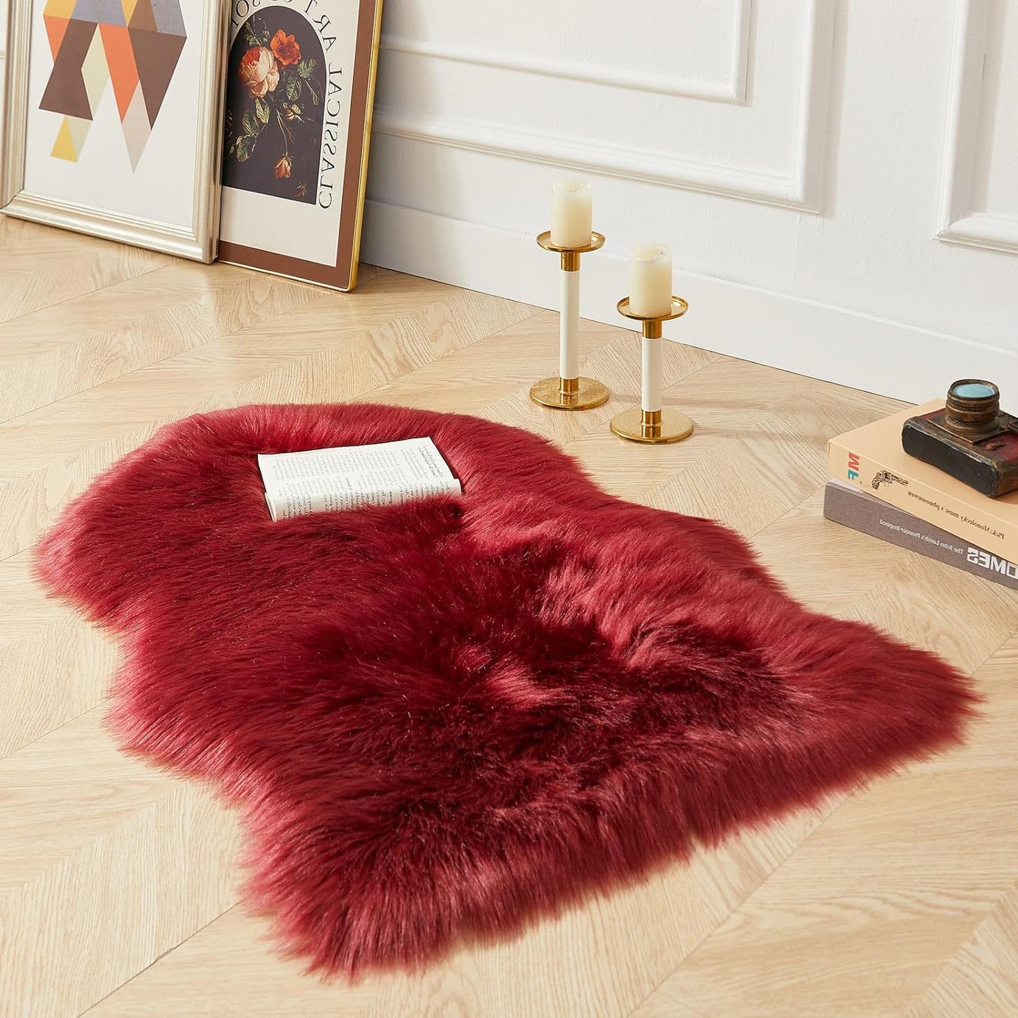 AMTOVO Faux Fur Rug, Burgundy Small Area Rug, Fluffy Sheepskin Rug, Fuzzy Ultra Soft 2 x 3 ft Shag Rugs for Bedroom Sofa Throw Cushion Room Decor, Sheepskin