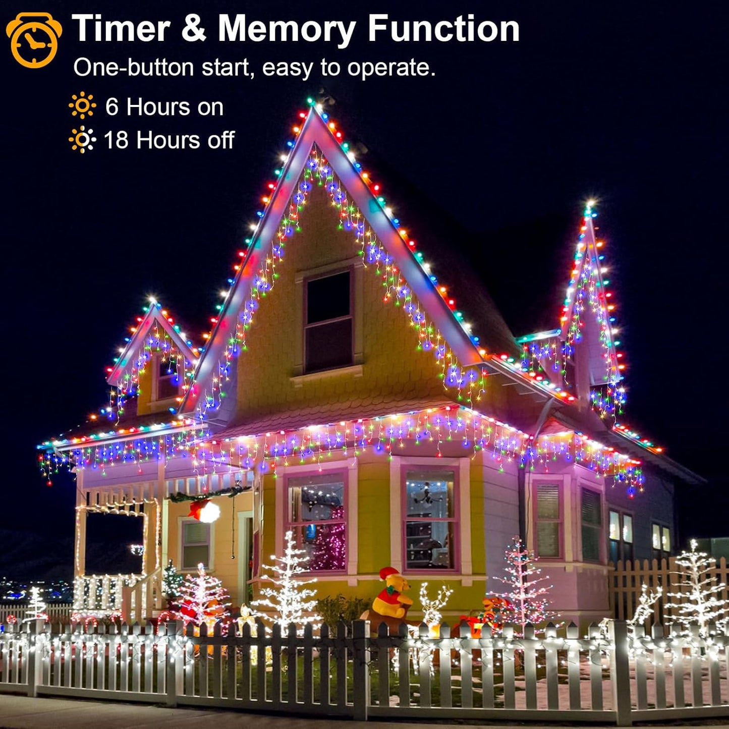 Icicle Christmas Lights Outdoor - 66ft 640 LED Icicle Lights for Outside with 120 Drops, Waterproof Plug in Christmas Light with Timer for Party, Holiday, Wedding, Christmas Decoration, Multicolor