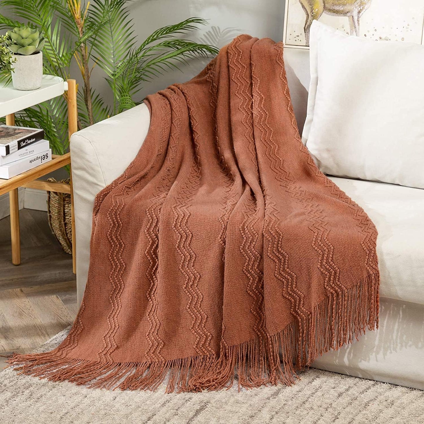 MIULEE Fall Orange Knitted Throw Blanket for Couch Boho Terracotta Rust Textured Cozy Woven Blanket with Tassels for Sofa Chair Bed Living Room Acrylic Wave Pattern 60"x80"
