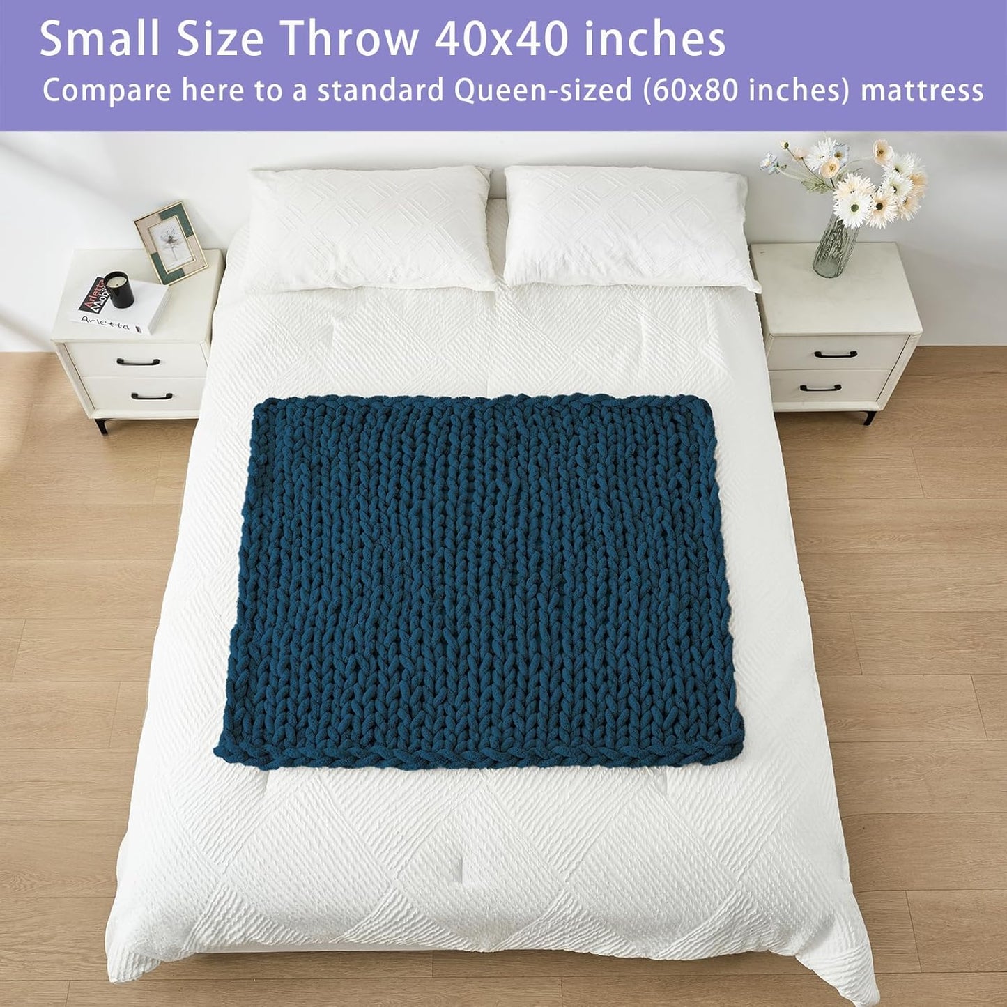 Bigacogo Chunky Knit Throw Blanket for Couch, 40x40 inches, 100% Hand Knitted with Thick Jumbo Chenille Yarn, Cozy Soft Large Rope Knot Cable Crochet Blankets for Sofa Bed Living Room, Deep Sea Blue