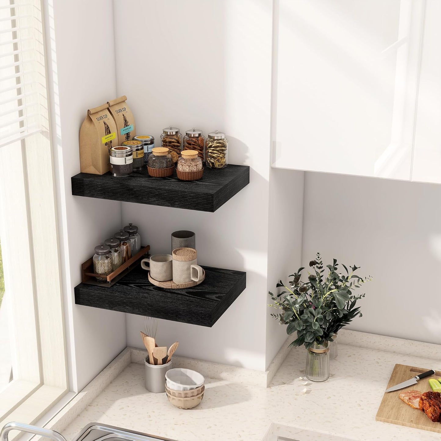 12 Inch Deep Black Floating Shelves, 16 x 12 Floating Shelf for Books, Rustic Wood Deep Wall Shelves for Home Storage & Display, 2" Thicked Shelves for Kitchen, Living Room, Bedroom, 2 Pack