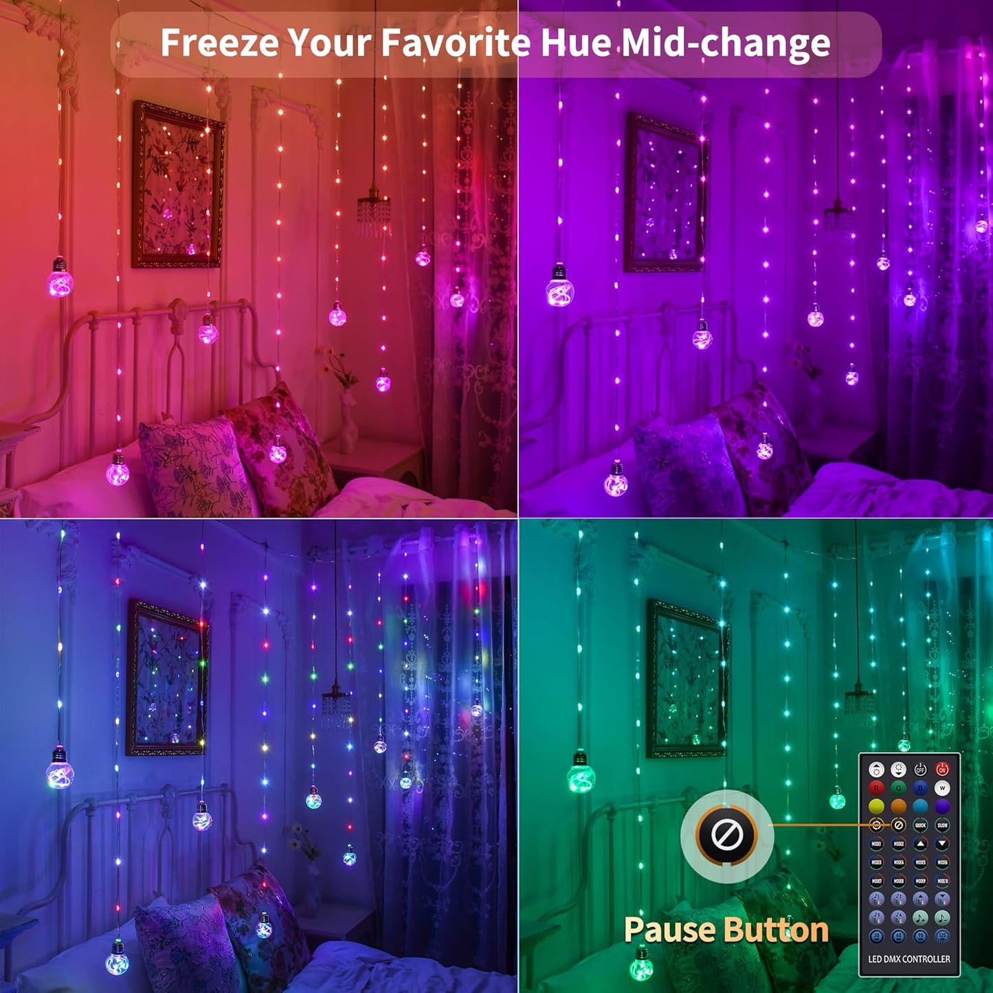 Color Changing Wishing Ball Curtain Lights, 9.8 x 3.3 FT RGB LED Fairy Light with Remote App Control, Music Sync Window Backdrop Wall Hanging Lights for Bedroom Party Halloween Christmas Decoration