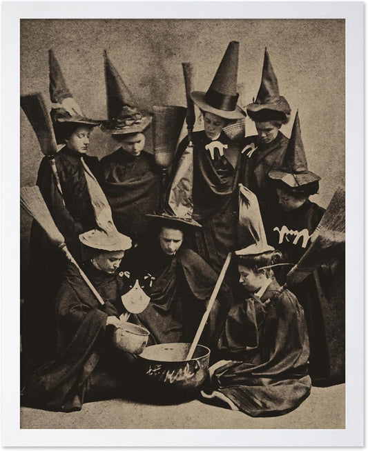 Poster Master Vintage Photograph Poster - Retro Halloween Print - Gift for Artist, Friend - Witches Cooking, Pointy Hats, Broomsticks, Black Magic - Wall Decor for Bedroom, 8x10 White Framed
