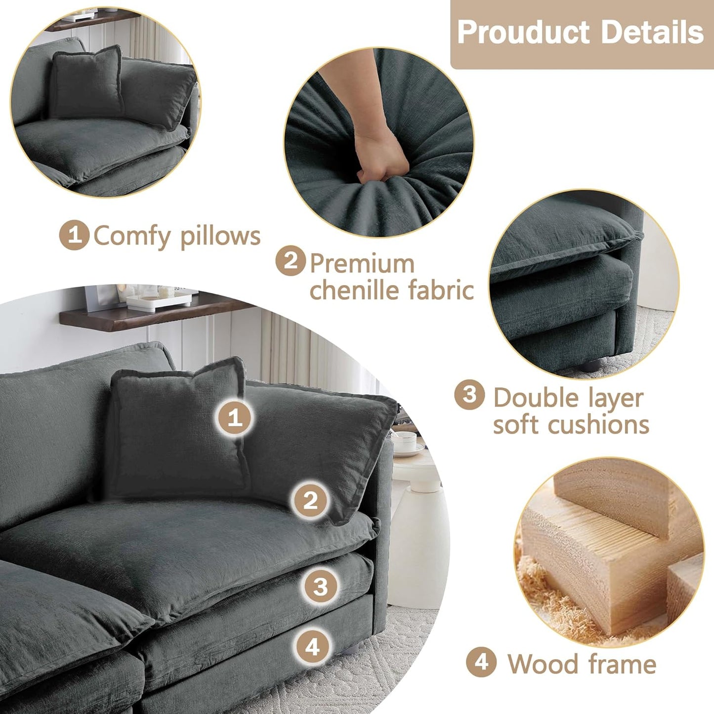 Sectional Sofa 2 Seater with Movable 1 Ottoman,Oversized Modular Couch Deep Seat (Grey, 76.7 inch-L)