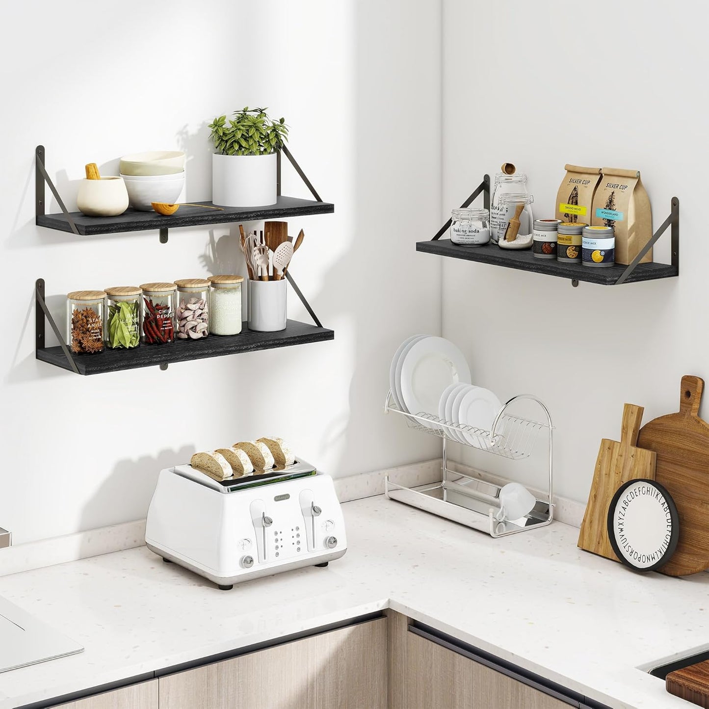 Heimlove 24 Inches Black Floating Shelves,8 Inches Deep Wall Bookshelf Mounted Display&Storage Wood Wall Shelves for Kitchen Bathroom Laundry Living Room,Set of 3