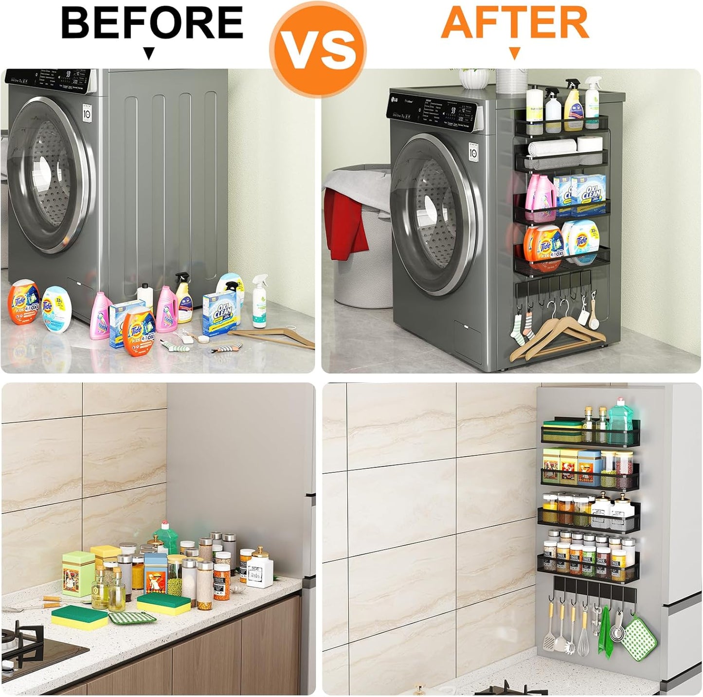 Magnetic Spice Rack for Refrigerator, 5 Pack Magnetic Shelf, Moveable Magnetic Fridge Organizer with 8-Hook Rack, Seasoning Organizer for Kitchen Organization and Storage (5 Pack)