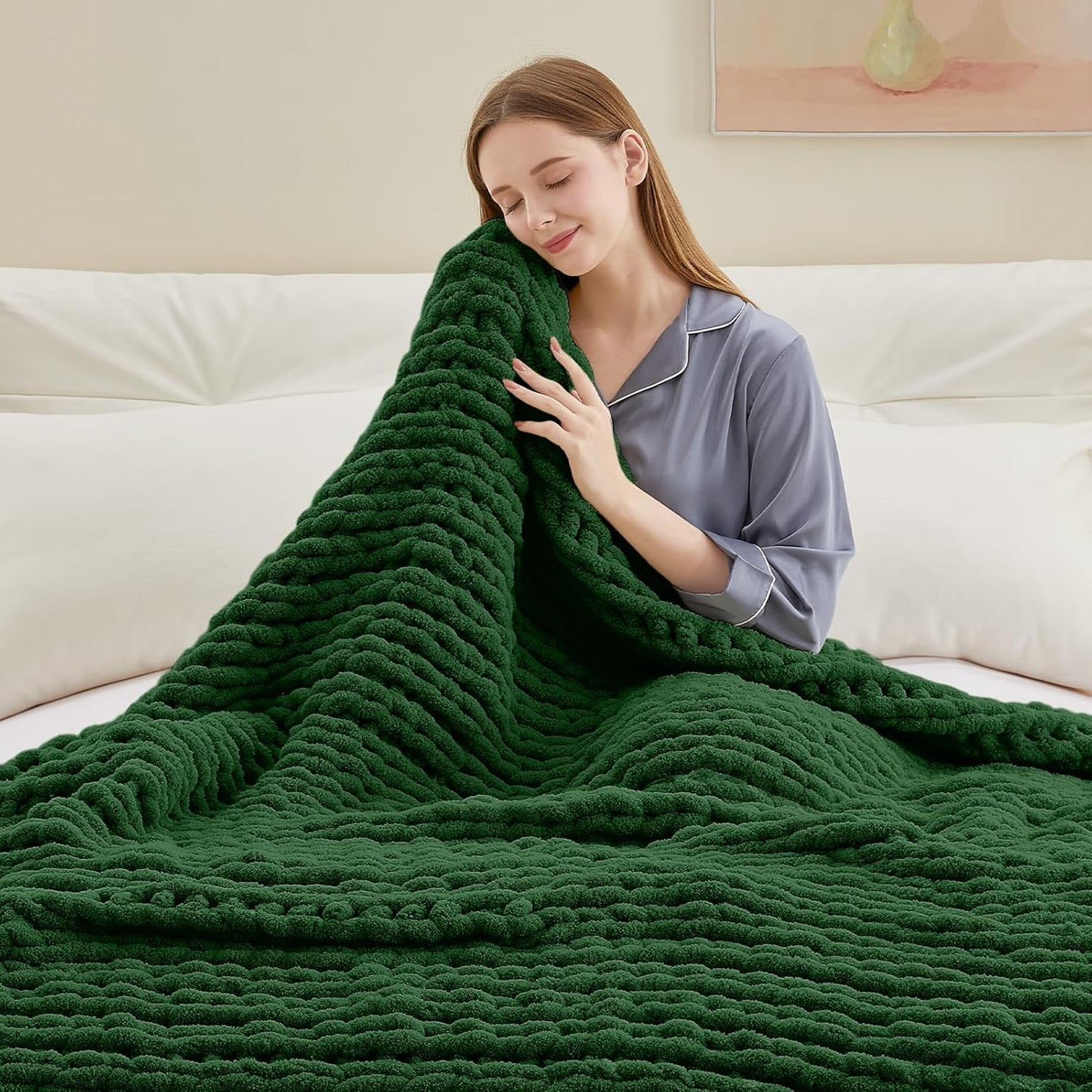Chunky Knit Throw Blanket, 40''*50'' Knitted Throw Chenille Yarn for Bed Couch, Handmade Grass Green Crochet Big Thick Blanket, Machine Washable Cute Comfy Blanket for Home Decor