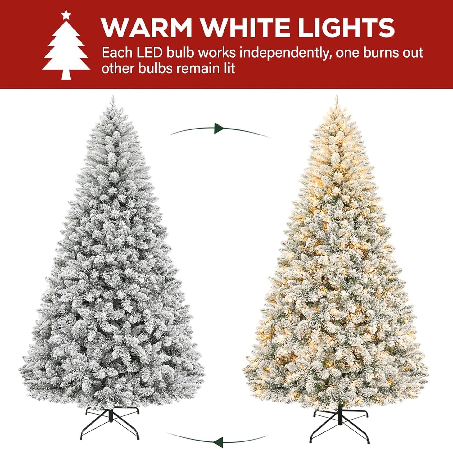 Hykolity 6 ft Prelit Snow Flocked Christmas Tree, Artificial Christmas Tree with 250 Warm White Lights, 1032 Tips, Metal Stand and Hinged Branches