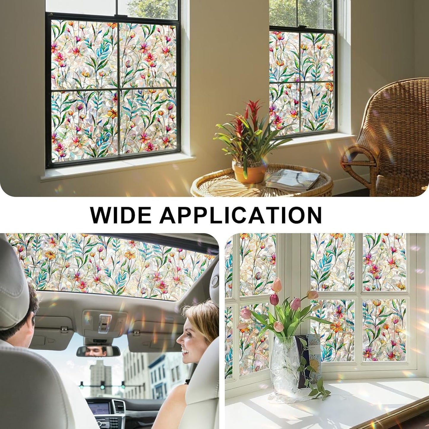 Rainbow Window Privacy Film 3D Floral Decorative Stained Glass Window Film Anti UV Non-Adhesive Reusable 23.6" x 157.4" for Home Room Car Glass Cling