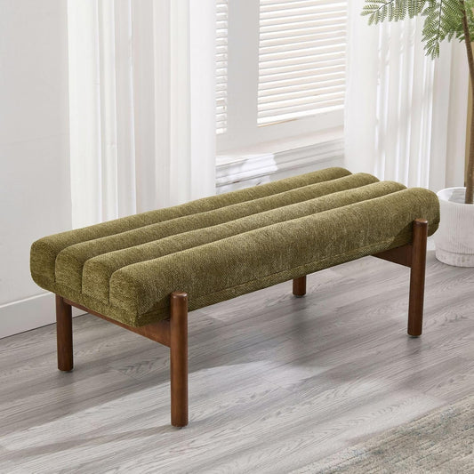 Green Upholstered Bench Modern End of Bed Bench Chenille Fabric Bedroom Bench for Entryway Living Room Vanity Makeup Room, 47" Long, Wooden Legs