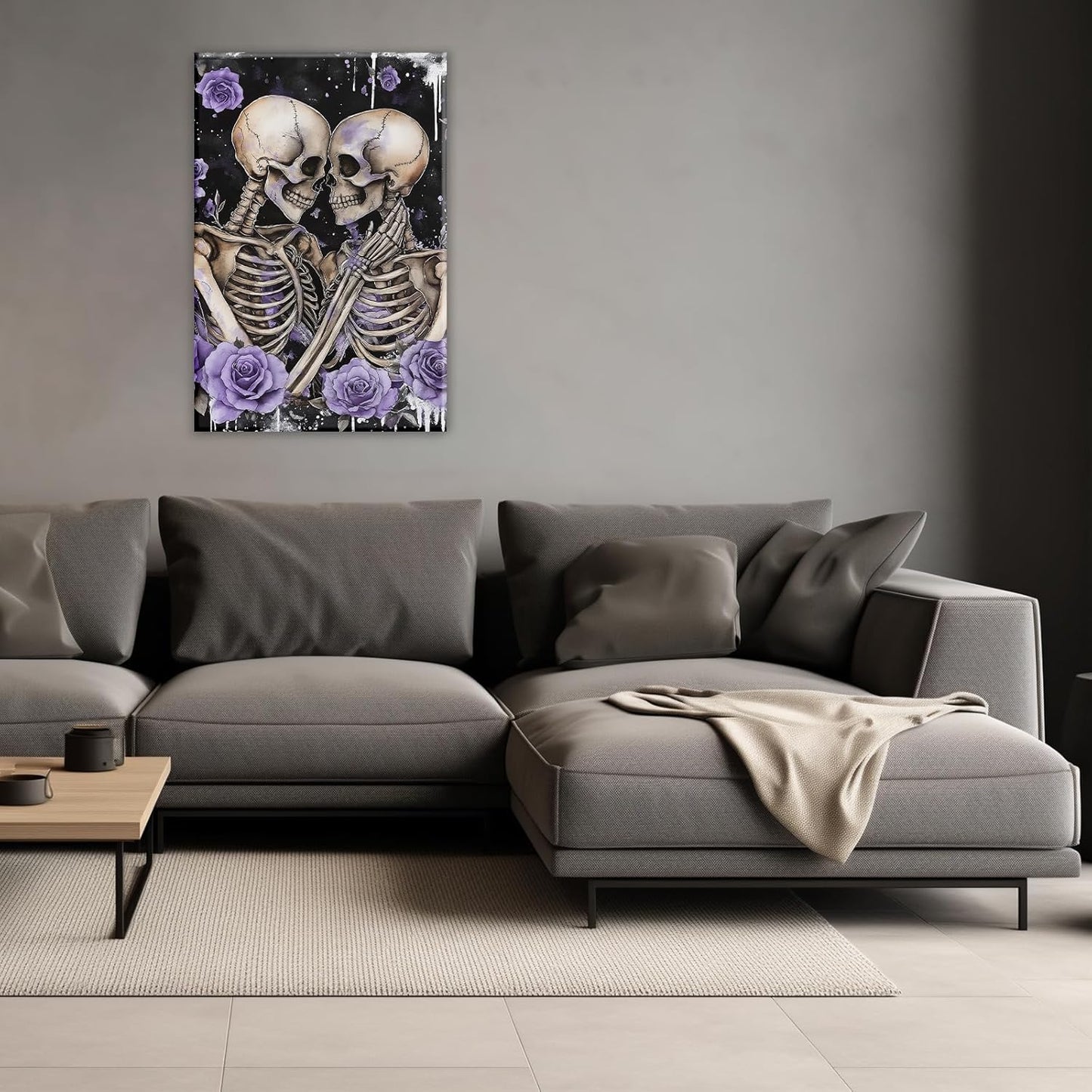 Skull Canvas Wall Art Couple Skeleton Holding Each Other Picture Art Poster Abstract Lover Painting Modern Artwork Horrible Halloween Decor(Artwork-2,12"x18")