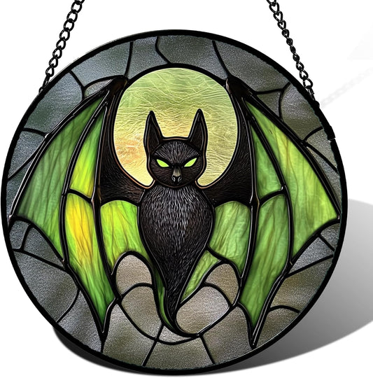 Stained Glass Window Hanging - Halloween Black Bat Green Wings Monster Suncatcher for Doors Garden Home Spooky Sun Catchers Gothic Decor Horror Gift for Women Men Friend Boy Girl 11.8 in