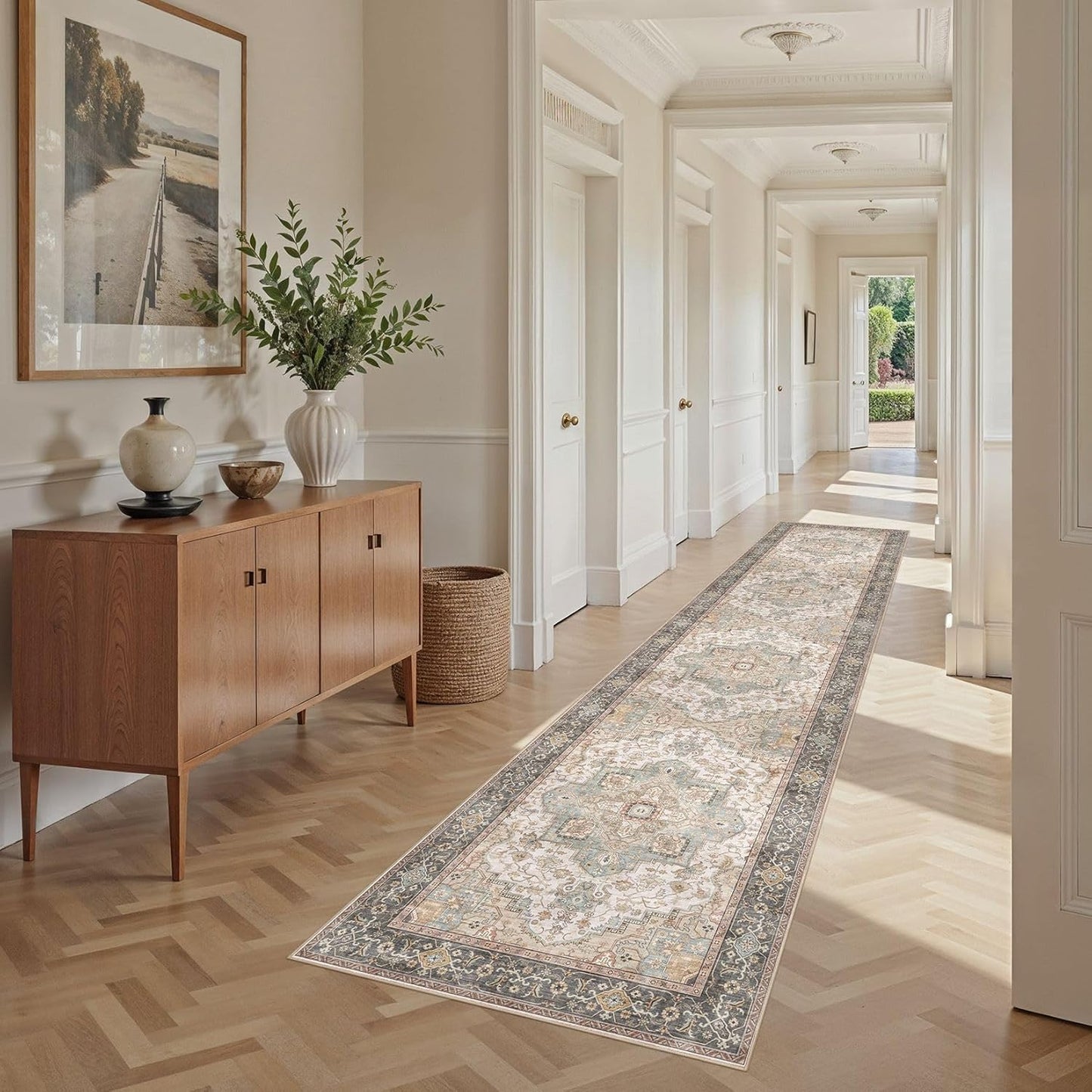 Washable 2.6x12 Runner Rug - Area Rugs Neutral Vintage Distressed Floral Farmhouse Boho Large Soft Floor Rug Indoor Carpet for Hallway Entryway Kitchen Home - Forest Green Orange